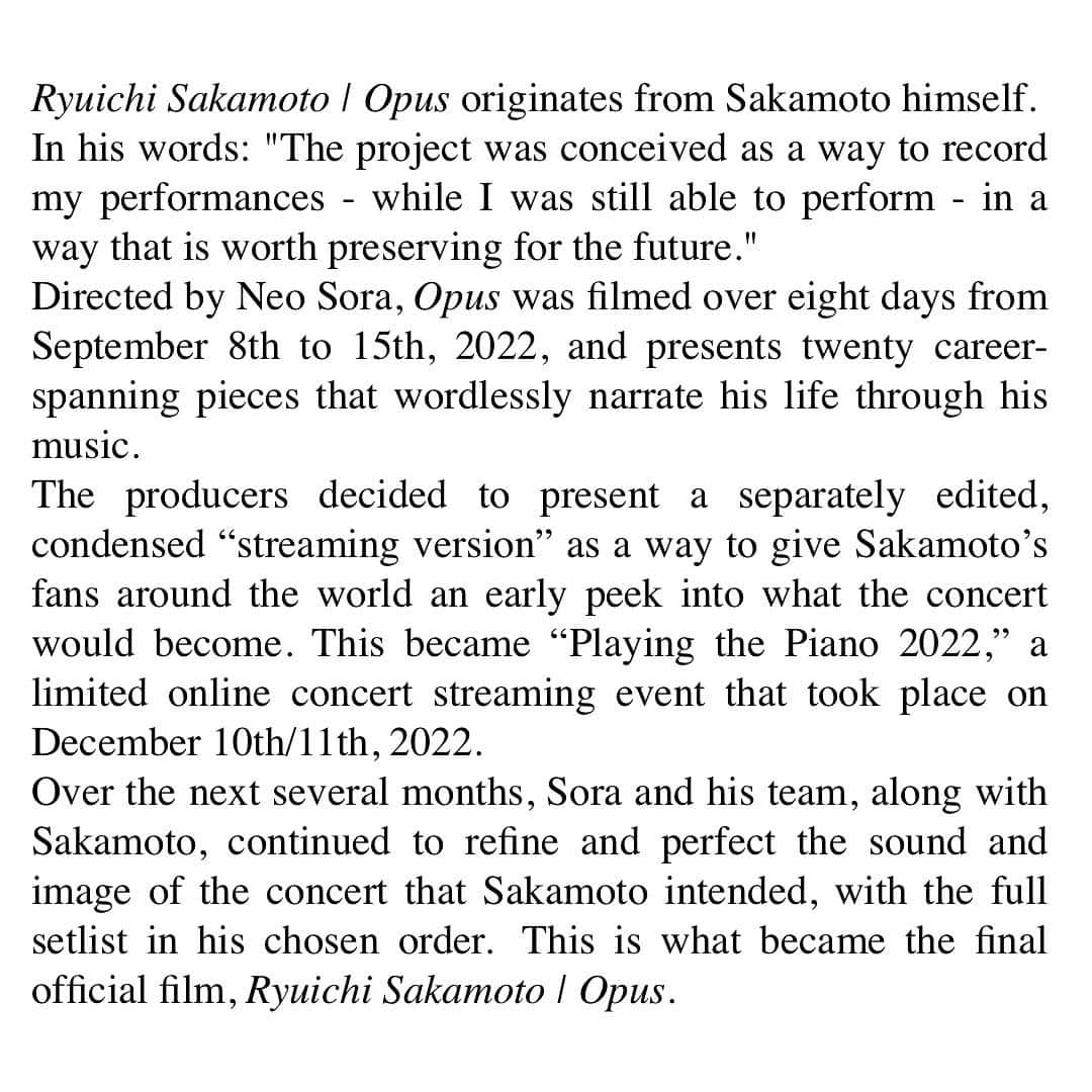 坂本龍一さんのインスタグラム写真 - (坂本龍一Instagram)「About “Ryuichi Sakamoto | Opus”  Tickets for the Oct 11th New York City screening at the @thenyff are nearly sold out.  Link in bio.   #ryuichisakamoto  #skmtnews  #坂本龍一 #skmt_OPUS」9月29日 1時00分 - skmtgram