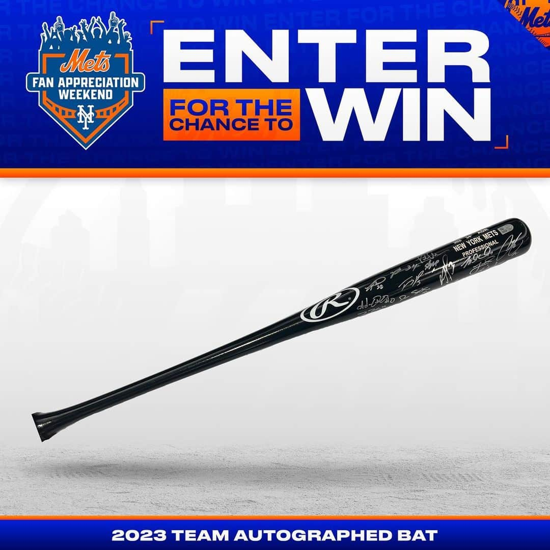 ニューヨーク・メッツのインスタグラム：「⚾️ GIVEAWAY 🤩  FOLLOW @mets and @amazinmetsfdn and COMMENT “LGM” on this post to enter for a chance to win a bat signed by the 2023 #Mets!  No purchase necessary. Open to US and CAN residents (excluding Quebec), 18 or older. Ends: 12:00 PM ET on 10/2/23. Complete rules in bio.  #giveaway #sweepstakes #entertowin #contest #instagiveaway #prize #autograph #baseballbat」