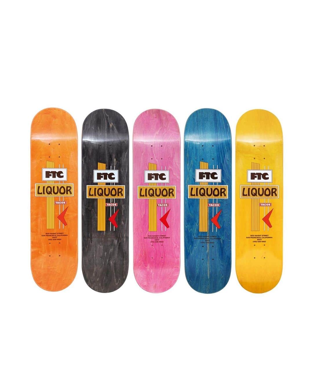 エフティーシーのインスタグラム：「FTC Liquor & Tacos Decks Available Online Now (Assorted Colors) (7.75”, 8.0”, 8.25”, 8.5”) 🌆 #ftc #ftcskateboarding #forthecity #ftcsanfrancisco #ftcjp #ftctokyo #ftcnagoya #ftcosaka #ftcnewyork #ftcautumnwinter23」