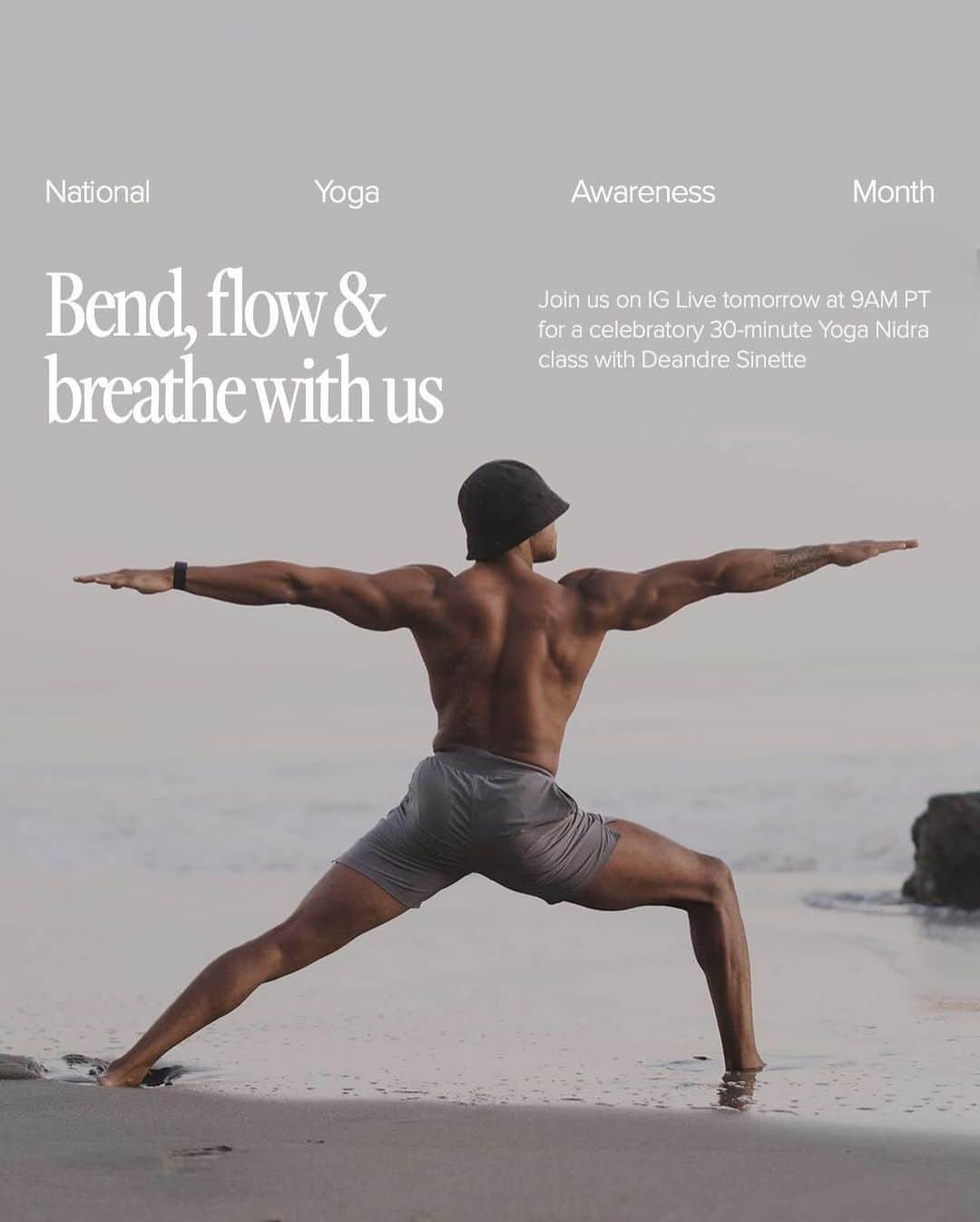 ALO Yogaのインスタグラム：「We are closing out #NationalYogaAwarenessMonth with a Yoga Nidra experience led by Deandre - join him tomorrow on IG LIVE at 9am for 30 minutes of yoga bliss 💫✨ Tag your yoga bestie to join you!」
