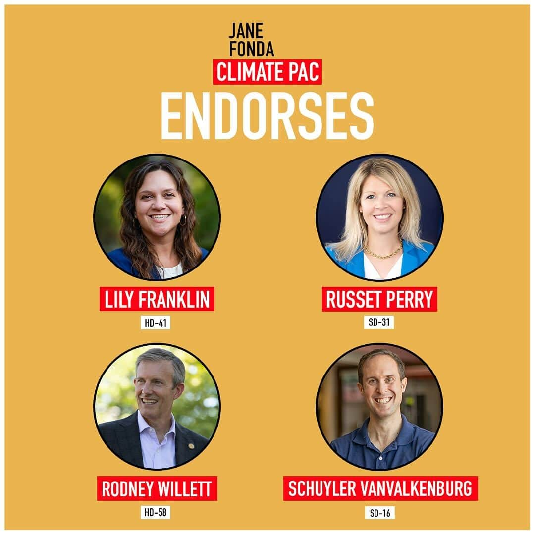 ジェーン・フォンダさんのインスタグラム写真 - (ジェーン・フォンダInstagram)「We’re thrilled to announce more endorsements for Virginia’s General Assembly general election.    Electing these climate champions is essential to pushing back on the GOP’s attack on climate progress and prioritizing the transition to clean energy, reducing emissions and protecting our communities from the harm caused by corporate polluters.   Help us support these climate champions - check out the link in the Jane Fonda Climate PAC team bio for more information on how you can support them!」9月29日 3時47分 - janefonda