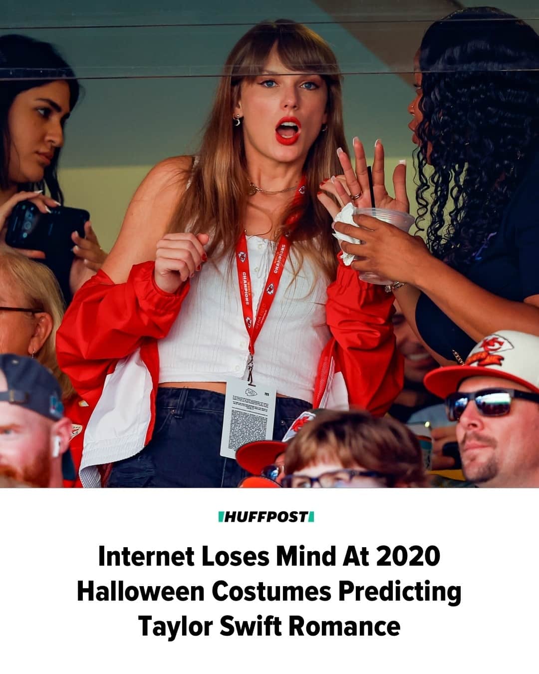 Huffington Postのインスタグラム：「Nobody predicted Taylor Swift’s rumored new romance — except for Makayla Stephens.⁠ ⁠ Fans were abuzz after Swift attended Sunday’s game between the Chicago Bears and Kansas City Chiefs and left Arrowhead Stadium with Chiefs tight end Travis Kelce.⁠ ⁠ Stephens seems to have eerily predicted the celebrity pairing in a photo — three years ago.⁠ ⁠ “I don’t know any world in which Taylor Swift + Travis Kelce would be in the same room together, but apparently in this one they’re married? #HappyHalloween,” she captioned a 2020 Halloween photo showing her dressed as Swift and her husband, Nick, as Kelce.⁠ ⁠ Stephens’ photo resurfaced Wednesday on X, and at first, people couldn’t believe it was real. They were convinced otherwise, however, after one person reminded them that edited Instagram images are labeled as such.⁠ ⁠ “Nah this is insane,” one X user wrote. “How the hell did she know.”⁠ ⁠ See the eerily prescient costumes at our link in bio! // 📷 Getty Images // 🖊️ Marco Margaritoff」