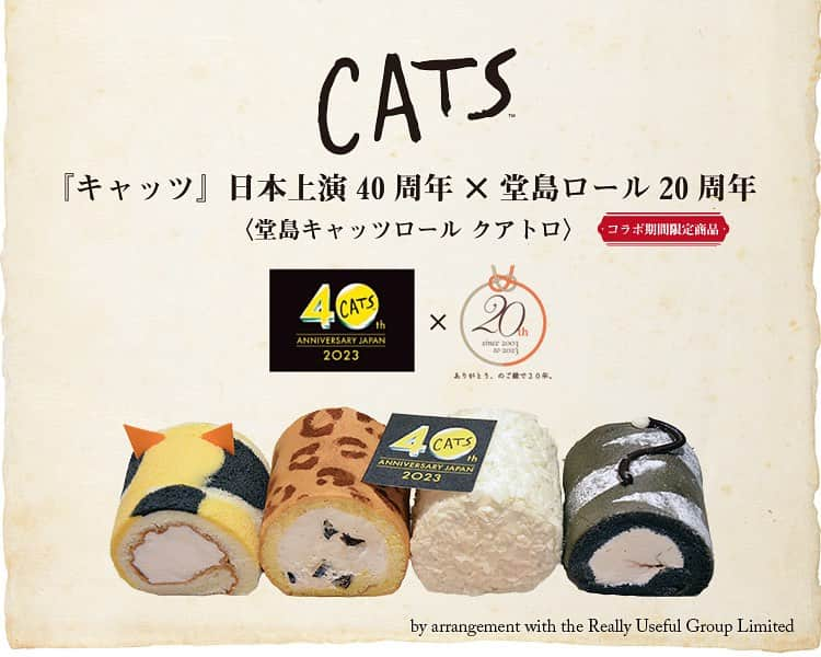 堂島ロール（モンシェール）のインスタグラム：「🐱名古屋エリア限定🐈  今年11月に迎える『キャッツ』日本上演40周年と、 堂島ロール20周年を記念して期間限定でコラボロールケーキを販売いたします。  堂島キャッツロール クアトロ ４種類セット　2,160円(税込) 期間：10/1〜11/30  キャッツに登場するキャラクターのジェミマ、ラム・タム・タガー、グリドルボーン、マンカストラップをイメージした ４種類のミニロールです。  〈販売店舗：名古屋エリア3店舗〉 ●サロン・ド・モンシェール 名古屋ミッドランドスクエア店 ●リヴァージュモンシェール堀川 納屋橋店 ●マダム・ピエール=オジェbyモンシェール ジェイアール名古屋タカシマヤ店  11月からはミッドランドスクエア店限定でアフタヌーンティーも販売予定です✨ 期間：11/1〜12/19 ※カフェ・サロンのご予約はご来店予定日の1ヶ月前からとなります。予めご了承くださいませ。  @dojima_moncher  #キャッツ  #キャッツ日本上演40周年  #堂島ロール #dojimaroll  #パティスリーモンシェール  #堂島ロール20周年」