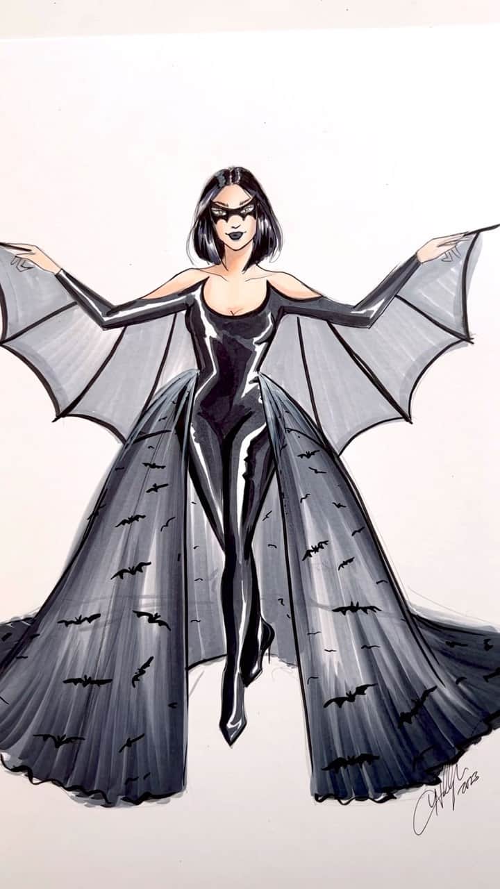 Holly Nicholsのインスタグラム：「Batty 🦇 #halloween #asmr #copic #fashionillustration #asmrsounds」