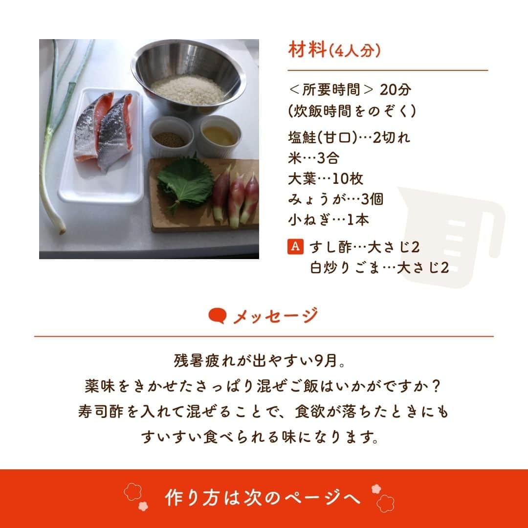 株式会社ノーリツさんのインスタグラム写真 - (株式会社ノーリツInstagram)「【焼鮭の混ぜご飯】​  【一言コメント】​ ノーリツ毎日グリル部.オフィシャルメンバー @michikoscooking さんからの旬の食材を使ったレシピや簡単おいしいレシピの紹介です！​ ぜひチャレンジしてみてくださいね♪​ .​ 残暑疲れが出やすい9月。薬味をきかせたさっぱり混ぜご飯はいかがですか？寿司酢を入れて混ぜることで、食欲が落ちたときにもすいすい食べられる味になります。​ .​ 作ってみたい方は「🍚」をコメントに送ってください😊​  ＜材料（4人分）＞ ​ ◼️塩鮭(甘口)・・・2切れ​ ◼️米・・・3合​ ◼️大葉・・・10枚​ ◼️みょうが・・・3個​ ◼️小ねぎ・・・1本​ =A=​ ◼️すし酢・・・大さじ2​ ◼️白炒りごま・・・大さじ2​  #マルチグリル#ノーリツ#毎日グリル部#おうちごはん#旬の食材#レシピ#手料理#料理#時短レシピ#時短ごはん#お弁当おかず#お弁当レシピ#つくりおきおかず#つくりおきレシピ#つくりおき#家飲み#家ご飯#手作り料理#簡単レシピ#家族ごはん#お手軽料理 @noritz_jp @noritzdays」9月29日 11時26分 - noritz_jp