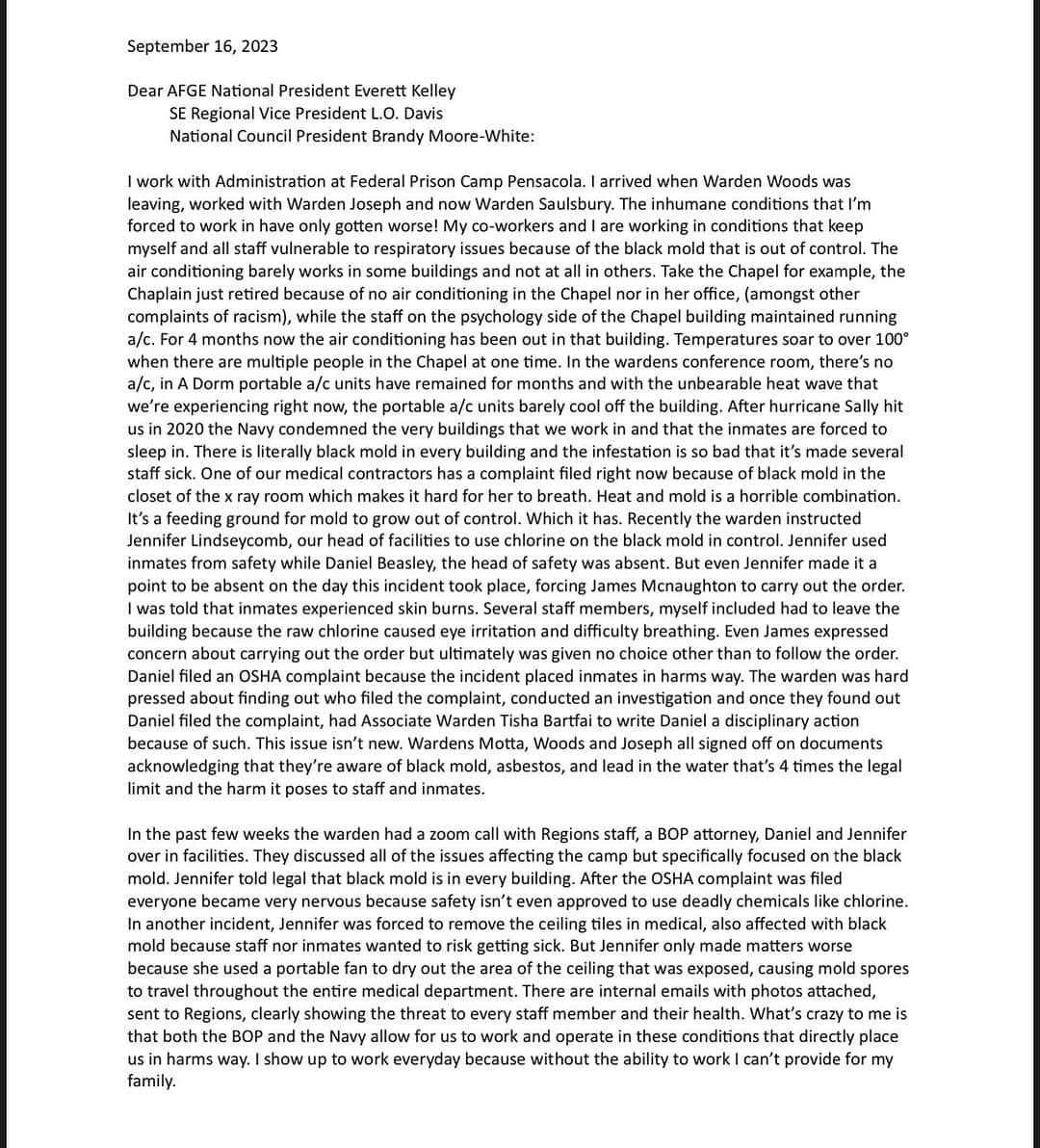 トッド・クリスリーのインスタグラム：「This letter came to @savannahchrisley email from a whistleblower - Imagine this: the irony of a government shutdown looming and I receive an anonymous email from staff at @bureauofprisons FPC Pensacola voicing their concerned about inhumane working conditions. Now if the conditions are inhumane for staff that means they must be inhumane for the inmates, too. How could THE WARDEN let this happen? what is the Union going to do about it? Is the media @apnews @foxnews @cnn reporting on these conditions affecting staff & inmates? Is Congress @judiciarygop @gopoversight @housejuddems @JudiciaryDems @SenJudiciaryGOP @senossoff @repmattgaetz @corybooker @senbooker @marshablackburn going to investigate once the government reopens. . . #inhumane #conditions #black #mold #asbestos #condemned #buildings #lead #water #horrible #living #quarters」