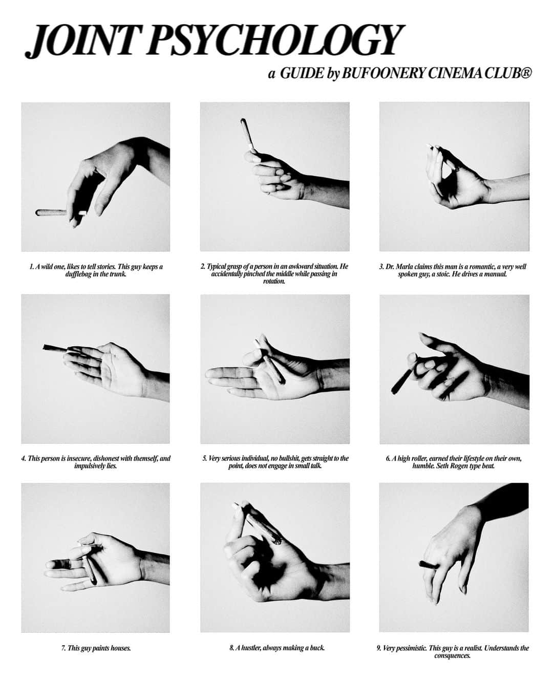 VICEのインスタグラム：「Which one are you?⁠ ⁠ @ethanjmay presents a guide to joint psychology, inspired by 'Cigarette Psychology', published in the 1959 issue of 'Caper Magazine', showing Dr. William Neutra’s analysis of personality, based on how people hold their cigs.」
