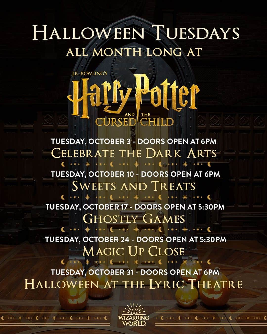 ハリー・ポッターさんのインスタグラム写真 - (ハリー・ポッターInstagram)「Halloween season is upon us, and what better way to celebrate than with #CursedChildNYC?! Join us every Tuesday night in October for treats, trivia, ghost stories, giveaways & more. Don’t forget to start preparing for our Costume Contest on October 31st. See you soon 🎃」9月30日 0時20分 - harrypotter