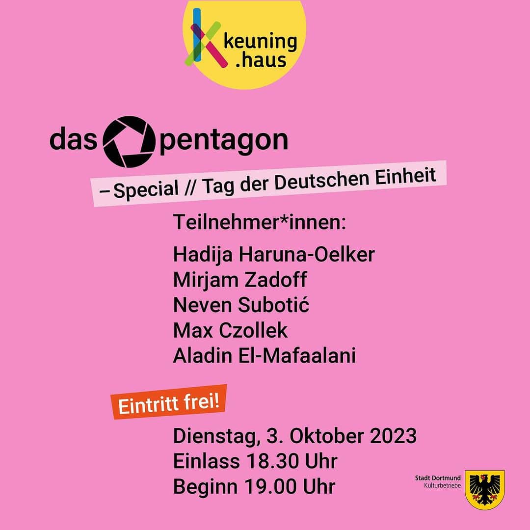 ネヴェン・スボティッチのインスタグラム：「Das PENTAGON meldet sich zum Tag der Deutschen Einheit mit einem Special und erstklassigen Teilnehmer*innen zurück!  Sei live mit dabei, wenn das Moderationsduo Max Czollek und Aladin El-Mafaalani auf folgende Gäst*innen trifft:  Hadija Haruna-Oelker, Journalistin und Moderatorin Mirjam Zadoff, Direktorin des NS-Dokumentationszentrums München  Neven Subotić, Stiftungsleiter und ehemaliger Fußball-Profi  Dieses PENTAGON verspricht hitzige Diskussionen am Puls aktueller gesellschaftlicher Entwicklungen.  Wann? Dienstag, 03.10.2023 Einlass 18.30 Uhr Beginn 19.00 Uhr  Wo? Keuning.haus Leopoldstr. 50-58 44147 Dortmund  Eintritt frei.」