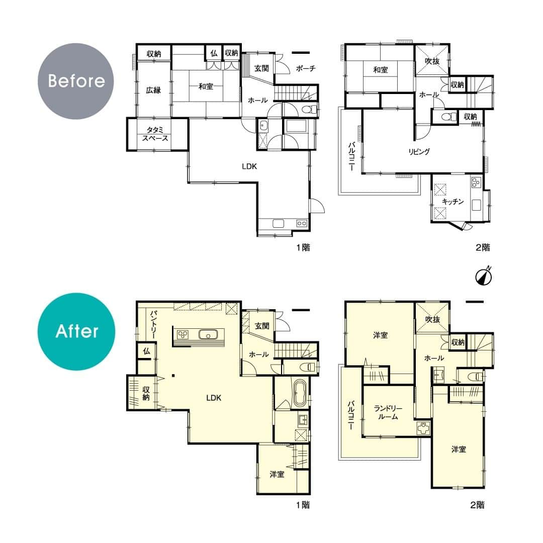 住友不動産のリフォームさんのインスタグラム写真 - (住友不動産のリフォームInstagram)「【築44年　家族が自然と集まる明るく開放的なLDK】 実例紹介　Vol.115 二世帯住宅を家族構成の変化に応じて ゆったり快適に暮らせる住まいに  今回は、ご両親が建てた住まいに、10代の頃から暮らしているお施主様。ご結婚を機に二世帯住宅へとリフォームを行ったものの、築40年以上が経過し老朽化が進んでいました。ご両親が他界されたため、使用していなかった1階部分の有効活用と耐震性の向上を目的に『新築そっくりさん』で住まいを再生することに。  1階部分の細かく区切られた間取りをひとつにして、ご家族が自然と集う大空間のLDKが誕生。キッチンを中心にパントリー、水廻りへと回遊できる家事動線も便利です。 さらに、建物全体をバランスよく補強し、屋根は重い瓦屋根から軽量の金属屋根に一新して耐震性も向上。  「間取りとデザインを私たちのライフスタイルに合わせて、オーダーメイドで計画してもらったことが大満足です。リフォームだと工事が始まってからの追加工事などが不安でしたが、『新築そっくりさん』では、こちらの要望や工事内容の変更がない限り追加費用が発生しないというシステムがあり、とても安心でした。」   [公式HP]  @sumifu.reformのプロフィール欄リンクからご覧ください    #住友不動産 #住友不動産のリフォーム #新築そっくりさん #すみふ #まるごとリフォーム #間取り変更 #リノベーション #リフォーム #リノベ #戸建てリノベーション #戸建リノベーション #戸建てリフォーム #戸建リフォーム #リフォームしたい #フルリフォーム #フルリノベーション #リノベーションデザイン #リフォームビフォーアフター #リフォーム実例 #リフォーム事例 #リノベーション実例 #リノベーション事例 #耐震補強  #耐震リフォーム #大空間リビング  #開放的なldk  #対面キッチン #家事動線 #パントリー #築44年」9月29日 18時00分 - sumifu.reform
