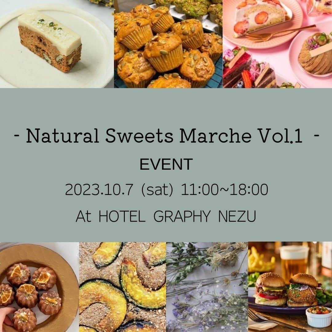 hotelgraphynezuさんのインスタグラム写真 - (hotelgraphynezuInstagram)「【2023.10.7. Natural Sweets Marche vol.1 EVENT⁠】⁠ ⁠ 7月に行われた～やさしいものマルシェ～に続いたイベントとなっており、今回のイベントでは、自然や身体に優しいスイーツマルシェを開催します！⁠ This event follows on the ~Yasashi Mono Marche~ that was held in July, and this time sweets marche that is kind to nature and the body will be held ! ⁠ ⁠ 健康と環境に優しいライフスタイルを心がけている方は、10月7日にぜひHOTEL GRAPHY NEZUにお立ち寄りください！⁠ If you are committed to a healthy and environmentally friendly lifestyle, please stop by HOTEL GRAPHY NEZU on October the 7th! ⁠ ⁠ Natural Sweets Marche vol.1 でのラインナップはこちら：⁠ What will you find at this event are listed below :⁠ ⁠ ●GREENPOST MUFFIN⁠ ヴィーガンマフィン⁠ / Vegan Muffin⁠ @greenpost.muffin⁠ ⁠ ●まめ子オーガニック⁠ (Mameko Organic)⁠ 自然栽培の玄米粉のマフィン⁠ Naturally grown brown rice flour muffins⁠ @mameko.organic.sweets⁠ ⁠ ●Mocha.⁠ キャヌレ（キャロットケーキ）・ブラウニー⁠ Canelé (carrot cake)/brownie⁠ @mocha_202203⁠ ⁠ ●Natural Living⁠ キャロットケーキ、VegeパウンドケーキCube⁠ Carrot Cake, Vege Pound Cake Cube⁠ @natural_living.2021⁠ ⁠ ●Salon de the Rima⁠ 焼き菓子、生ケーキ⁠ Baked sweets, fresh cakes⁠ @salon.de.the.rima⁠ ⁠ Special Guest !⁠ ● Ury(ﾕﾘｨ)⁠ ドライフラワーのミニブーケ・リース⁠ Mini bouquet wreath of dried flowers⁠ @ury.333⁠ ⁠ GRAPHYで大人気のヴィーガンバーガープレートも一緒に、ヴィーガンスイーツを楽しみながらイベントを満喫してみてはいかがでしょうか。🍔⁠ ⁠ この機会で当ホテルのカフェが提供しているヴィーガンスイーツも是非お試しください。⁠ Why not enjoy the event to the fullest while enjoying vegan sweets along with GRAPHY's very popular vegan burger plate? 🍔　⁠ Our hotel cafe also served vegan cakes on a daily basis that we also invite you to try out if you are interested! ⁠ ⁠ HOTEL GRAPHYで素敵な人たちと繋がりたい方は是非お越しください！⁠ Come and connect with wonderful people helding this event and see how Japan is making its way to an ever better lifestyle.⁠ ⁠ ⁠ ⁠ 🌱イベント情報⁠ / Event Information🌱⁠ ・日程/Date：2023/10/7(土)⁠ ⁠ ・時間 / Time：11h~18h⁠ ・場所 / Place : HOTEL GRAPHY NEZU Entrance & Tatami Space ⁠ ・入場料 / Entrance： 無料⁠ / Free⁠ ⁠ ⁠ .⁠ .⁠ .⁠ #explorelively #lifestylehotel #hotelgraphynezu ⁠ ⁠ #ホテルグラフィー根津⁠ #ホテル  #谷根千 #スイーツマルシェ #ナチュラルスイーツ #GREENPOSTMUFFIN　#ヴィーガンマフィン　#まめ子オーガニック #自然栽培の玄米粉のマフィン #mocha. #キャヌレ #ブラウニー #naturalliving #キャロットケーキ #ベジパウンドケーキCube #salondetherima #焼き菓子 #生ケーキ #Ury  #ドライフラワー #ミニブーケ #リース　#natural #vegan #organic #glutenfree #whitesugarfree」9月29日 18時30分 - hotelgraphy_nezu