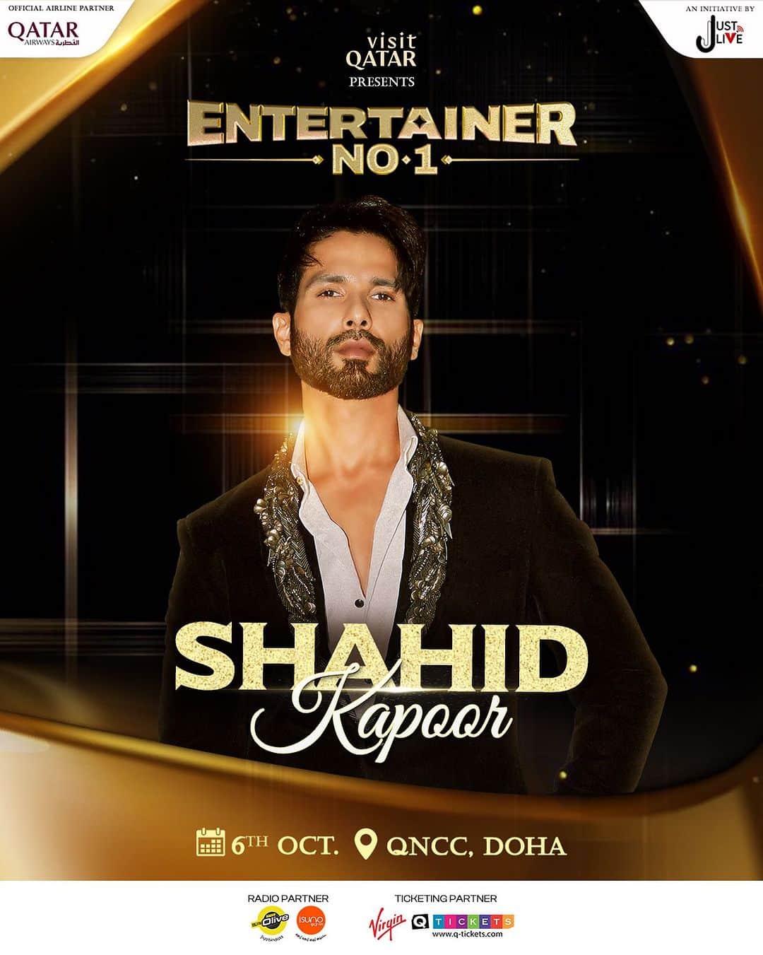 シャーヒド・カプールのインスタグラム：「Bollywood is coming to Doha, and I’m thrilled to be a part of it! Join me as we create history with #EntertainerNo1  Get ready for a night of pure Bollywood entertainment like never before exclusively at @visitqatar presents #EntertainerNo1, brought to you by @jjustliveofficial 💫 on 6th October at QNCC, Doha.    Grab your tickets NOW! (Link IN BIO)  @qatarairways @radioolive.qa @virginmegastoretickets @qtickets_qtr @qatarcalendar @radiosuno @jackkybhagnani @shyamc26   #JjustLive #EntertainerNo1 #Qatar #Doha #BollywoodNight  #BollywoodMagic #QatarEvent2023 #FirstTimeInQatar」