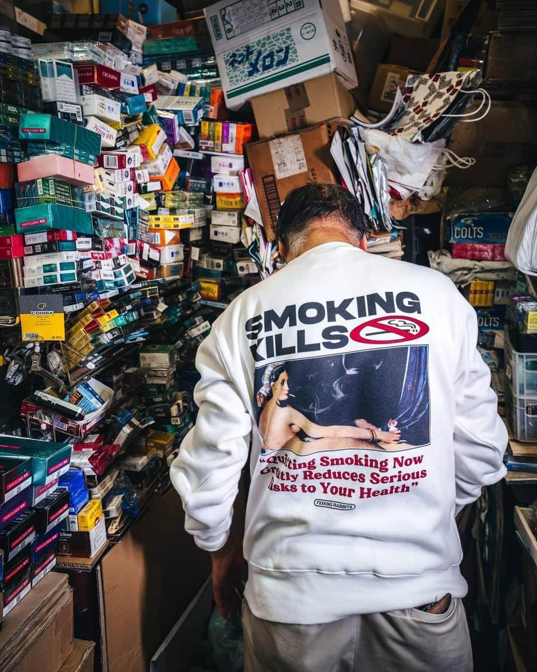 のインスタグラム：「"It's not just your problem."  We will be selling the following products starting on 2023/9/30(Sat).  2023/9/30(Sat) より下記の商品を発売します。  Nude Art Sweat Shirt  Photo by @rkrkrk   We ship world wide.  #FR2#xxkingrabbits#頭狂色情兎」