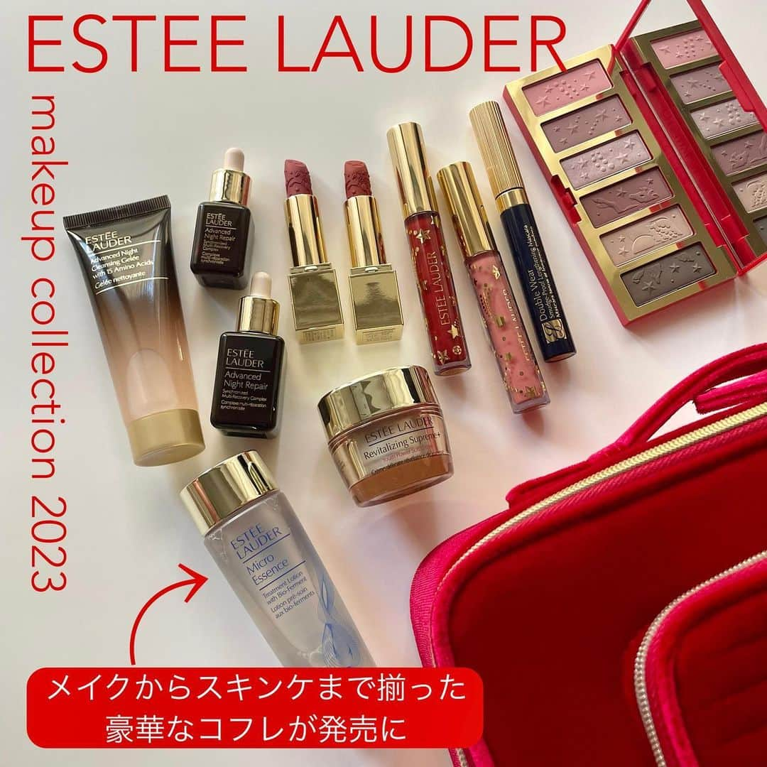 ELLE JAPANのインスタグラム：「毎年注目を浴びるエスティ ローダーのクリスマスコフレが今年も発売に❣️ バッグを含めた全12品で総額52000円相当が、なんと18700円のセットに（企業努力ですね……🥹） アイテムは、スキンケアとメイクアップアイテムと両方を堪能できるラインナップ👏  名品のアドバンス ナイトリペア SMR コンプレックスは、持ち運びに便利なサイズ違いで🫶 クレンジング ジュレは、発売前の製品なのでいち早くお試しできます💁‍♀️ ◾︎アドバンス ナイト クレンジング ジュレ 50㎖ ◾︎マイクロ エッセンス ローション BF 50㎖ ◾︎アドバンス ナイト リペア SMR コンプレックス 7㎖、15㎖ ◾︎シュープリーム プラス YP クリーム 15㎖  メイクアイテムは、さまざまなメイクが楽しめる6色のアイシャドウパレットをはじめ、リップアイテムはなんと4種もセットに💋 ◾︎リミテッド エディション アイシャドウ パレット セレスチャル グラム ◾︎ダブル ウェア スマッジ プルーフ マスカラ ◾︎リミテッド エディション リップスティック ガーネット ディザイア、コンステレーション ローズ ◾︎リミテッド エディション リップ グロス クリスタル ヌード、 ルビー クオーツ  バッグもW30×H22×D12cmとたっぷり入るので、お出かけ用にはもちろん、コスメの収納にも🙆‍♀️ 1年頑張ったご褒美、お世話になった大切な方へのプレゼントにぜひ🎁 予約受付中、発売は10月13日です☺️  メークアップ コレクション 2023 ￥18,700  #ellejapan #ellebeauty #esteelauder #エスティローダー #クリスマスコフレ #クリスマスコフレ2023 #ホリデーコレクション #ホリデーコレクション2023 #メークアップコレクション #メークアップコレクション2023 #エスティコフレ2023」