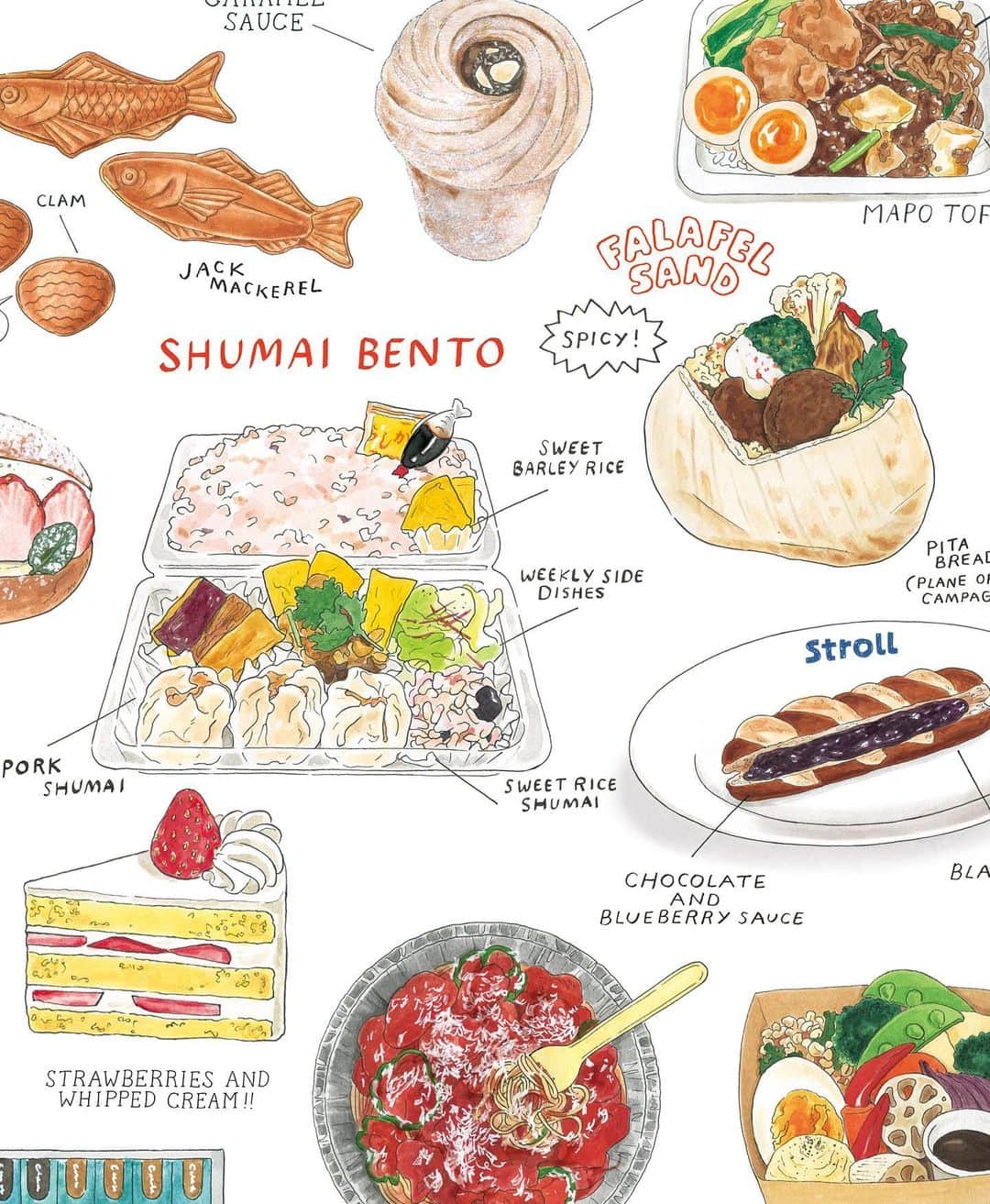 WALNUTのインスタグラム：「Illustrations of food for FUDGE Magazine serial🇯🇵🥢 Japan boasts an incredible array of delectable dishes, and this becomes increasingly apparent as one travels to various countries🌏✈️🤍  Every month, @fudge_magazine features my illustrations showcasing delicious take out food from Tokyo🦞🧀🥬🍒🥨  #walnut_foodillustration」