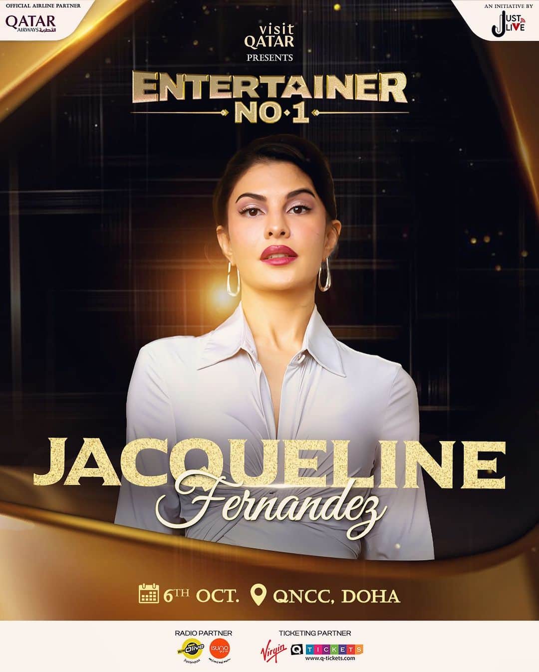 Jacqueline Fernandezのインスタグラム：「It’s showtime! Bollywood magic comes to Doha with a grand spectacle! Are you ready to watch me live at #EntertainerNo1 ?   Get ready for a night of pure Bollywood entertainment like never before exclusively at @visitqatar presents #EntertainerNo1, brought to you by @jjustliveofficial 💫 on 6th October at QNCC, Doha ❤️   Grab your tickets NOW! (Link IN BIO)  @qatarairways @radioolive.qa @virginmegastoretickets @qtickets_qtr @qatarcalendar @radiosuno @jackkybhagnani @shyamc26   #JjustLive#EntertainerNo1#Qatar#Doha#BollywoodNight #BollywoodMagic#QatarEvent2023#FirstTimeInQatar」