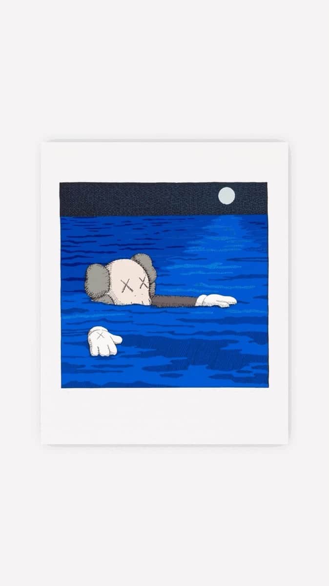 KAWSONEのインスタグラム：「@phaidonpress, @artspace, and @kaws are proud to present a limited-edition screenprint by world-renowned contemporary artist KAWS, released in tandem with the artist’s new Phaidon monograph – the most comprehensive study on one of the most influential and much-loved cultural forces today.   Entitled TIDE, the limited edition of 100 silkscreen prints is based on a line drawing of the artist’s original and iconic painting TIDE and is sold together with a hardcover edition of the new Phaidon book. TIDE depicts one of the artist’s signature COMPANION subjects floating in the ocean illuminated by moonlight. The symphony of blues is vividly rendered through ten layers of silkscreen and ultraviolet ink. Like much of the artist’s work, the image is both playful and subversive, evoking wide-ranging emotions from joy and tranquility to alienation and loneliness.   🌊 Visit the link in bio to purchase.」