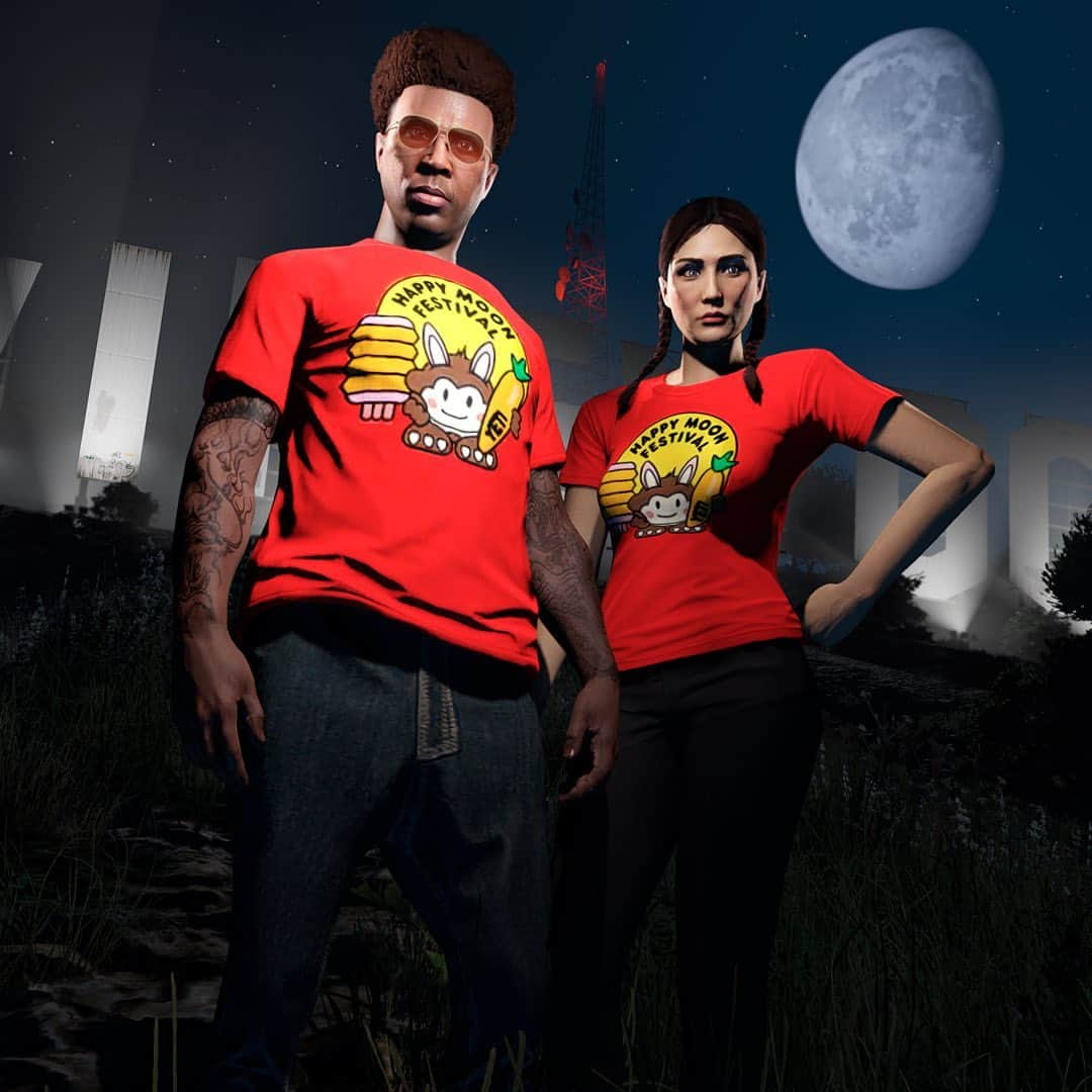 ロックスター・ゲームズのインスタグラム：「Happy Moon Festival!  Play GTA Online anytime this week to collect the Red Happy Moon Tee and join the festivities.」