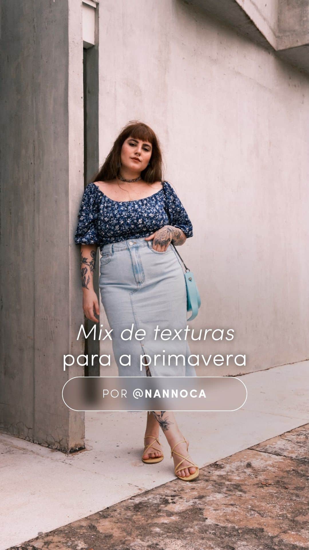 ロジャス・レナーのインスタグラム：「Um mix de leveza e estilo para a primavera! 🌻 Apostando em diferentes texturas, a @nannoca trouxe inspirações de looks com peças que são tendências na estação, como o jeans e os vestidos bordados. Quer entrar nessa trend? Encontre todos os produtos no nosso site, app e lojas. #SquadTáNaRenner #PrimaveraVerãoRenner #PrimaveraVerão2024 #verão2024 #Fashion #LookInspiração #ModaFeminina   blusa cropped 835245858 | saia midi 855647660 | blusa cropped com manga 873647065 | sandália rasteira 720656833 | vestido midi evase 799254852 | short em material sintético 729646084 | bolsa shoulder 668464147 | sandália rasteirinha 877854512 | blusinha cropped 861049068 | blusa cropped em linho 637207236」