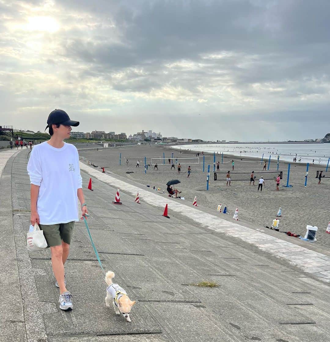 五明祐子のインスタグラム：「今朝は少し曇り空☁️でしたね☺️ 日中は良く☀️なるのかな？  皆さま良い週末を😙♪  #朝散歩#海散歩#週末  今朝のお散歩でも おもち🐶は やる気まんまんでした😉」