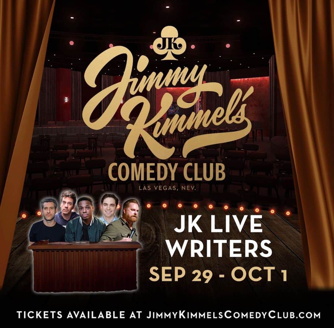 のインスタグラム：「If you’re in Vegas, come to @KimmelsComedyClub this weekend to see our @JimmyKimmelLive writers onstage before we send them back to their cubicles. Tickets at the link in bio.   @JesseJoyce1 @BryanCooking @TroyWalkeresq @ThatDevinField @RoryAlbanese」