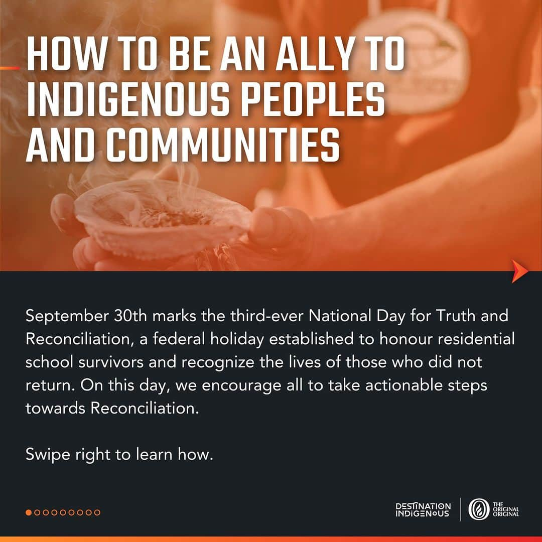 Explore Canadaのインスタグラム：「From our friends at @destinationindigenous:  CONTENT/TRIGGER WARNING: Mentions of Indian Residential Schools, Assimilation, Ongoing Harm, Colonial Impacts.  September 30th is the third annual #NationalDayForTruthAndReconciliation, a day to honour the First Nation, Métis, and Inuit survivors of Residential Schools and commemorate those who did not return. 🪶  For Indigenous Peoples and communities, this will serve as a day for remembrance; for others, it should generate conversation, insight learning, and prompt action through strong allyship.  Through September 30th coincides with #OrangeShirtDay, allyship goes far beyond simply wearing orange in solidarity. #DestinationIndigenous, along with our partners, encourages you to refer to the above infographic, which offers simple but effective actions that can generate change for Indigenous Peoples.  The National Residential School Crisis Line is available 24 hours a day for those experiencing distress as a result of residential schools. Support is available at 1-866-925-4419. Please also see a detailed list of local crisis line options available in slide 9 of the above graphic.  We invite everyone to share this graphic to their social platforms and raise awareness. Please credit @DestinationIndigenous 🧡  #NDTR2022 | #OrangeShirtDay | #TRCCanda | #WeWearOrange |#TruthAndReconciliation | #NationalDayForTruthAndReconciliation | #DestinationIndigenous | #TheOriginalOriginal   @IndigenousTourismBC | @Indigenoustourismnb | @indigenous.tourism.alberta | @indigenoustoursimnwt | @indigenoustourismmb | @autochtoneqc | @indigenoustourismnl | @indigenoustourismpei | @explorecanada」