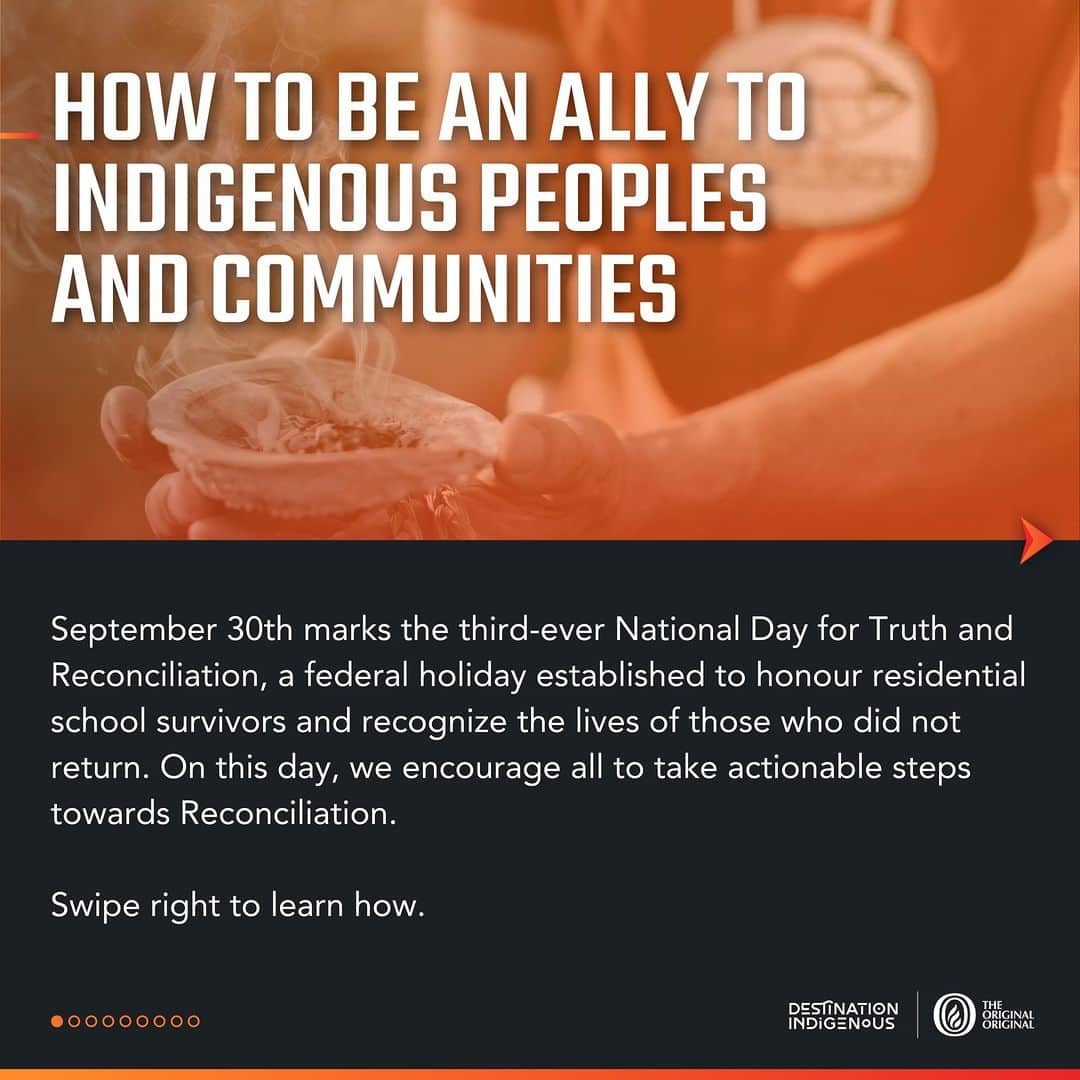 Explore Canadaさんのインスタグラム写真 - (Explore CanadaInstagram)「From our friends at @destinationindigenous:  CONTENT/TRIGGER WARNING: Mentions of Indian Residential Schools, Assimilation, Ongoing Harm, Colonial Impacts.  September 30th is the third annual #NationalDayForTruthAndReconciliation, a day to honour the First Nation, Métis, and Inuit survivors of Residential Schools and commemorate those who did not return. 🪶  For Indigenous Peoples and communities, this will serve as a day for remembrance; for others, it should generate conversation, insight learning, and prompt action through strong allyship.  Through September 30th coincides with #OrangeShirtDay, allyship goes far beyond simply wearing orange in solidarity. #DestinationIndigenous, along with our partners, encourages you to refer to the above infographic, which offers simple but effective actions that can generate change for Indigenous Peoples.  The National Residential School Crisis Line is available 24 hours a day for those experiencing distress as a result of residential schools. Support is available at 1-866-925-4419. Please also see a detailed list of local crisis line options available in slide 9 of the above graphic.  We invite everyone to share this graphic to their social platforms and raise awareness. Please credit @DestinationIndigenous 🧡  #NDTR2022 | #OrangeShirtDay | #TRCCanda | #WeWearOrange |#TruthAndReconciliation | #NationalDayForTruthAndReconciliation | #DestinationIndigenous | #TheOriginalOriginal   @IndigenousTourismBC | @Indigenoustourismnb | @indigenous.tourism.alberta | @indigenoustoursimnwt | @indigenoustourismmb | @autochtoneqc | @indigenoustourismnl | @indigenoustourismpei | @explorecanada」9月30日 1時43分 - explorecanada