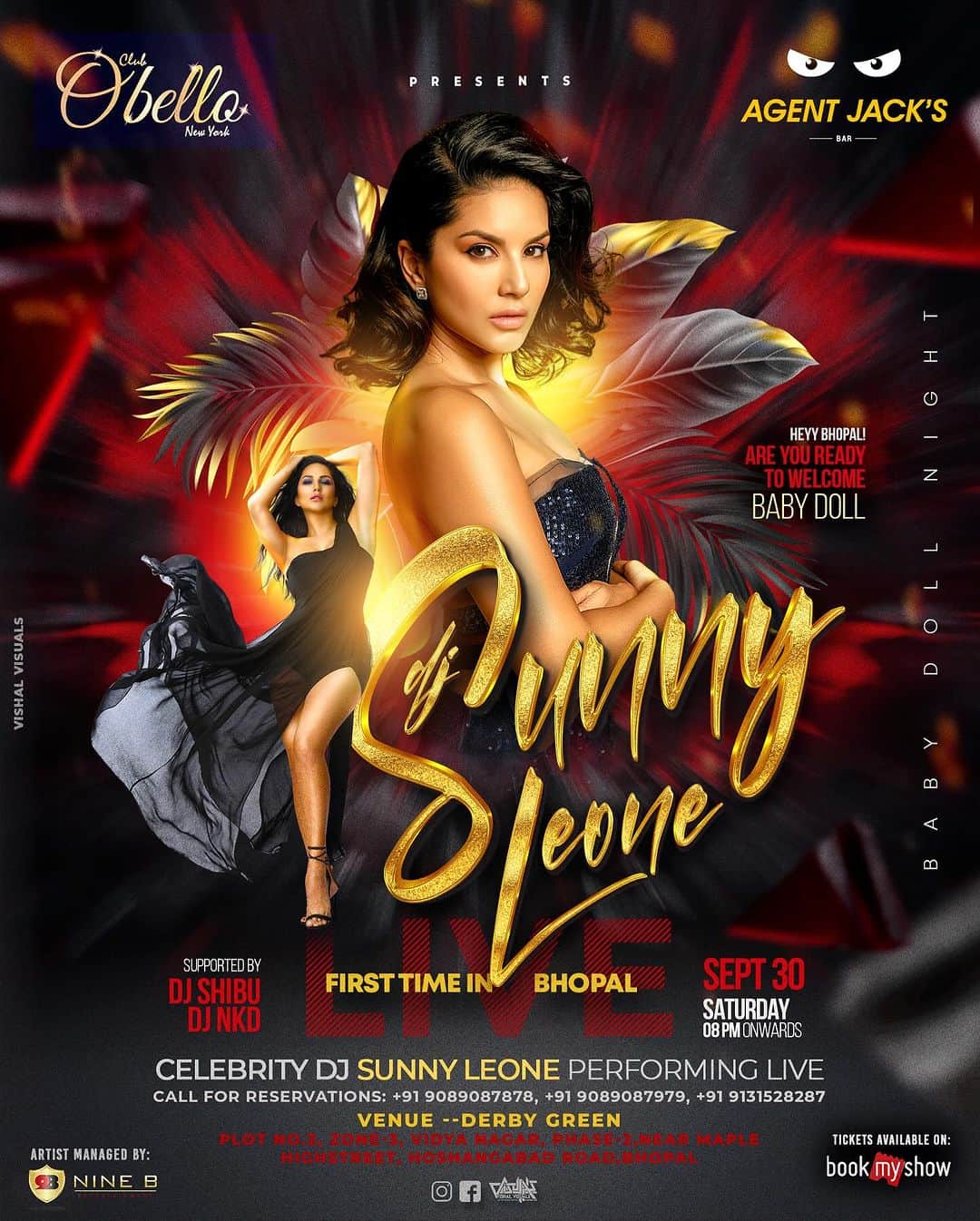 サニー・レオーネのインスタグラム：「Hi Bhopal, I am super excited to come and party with you'll for my debut show at Derby Green on 30th September 😍  Event organised by @clubobello.bhopal Artist by : @nineb_ent」