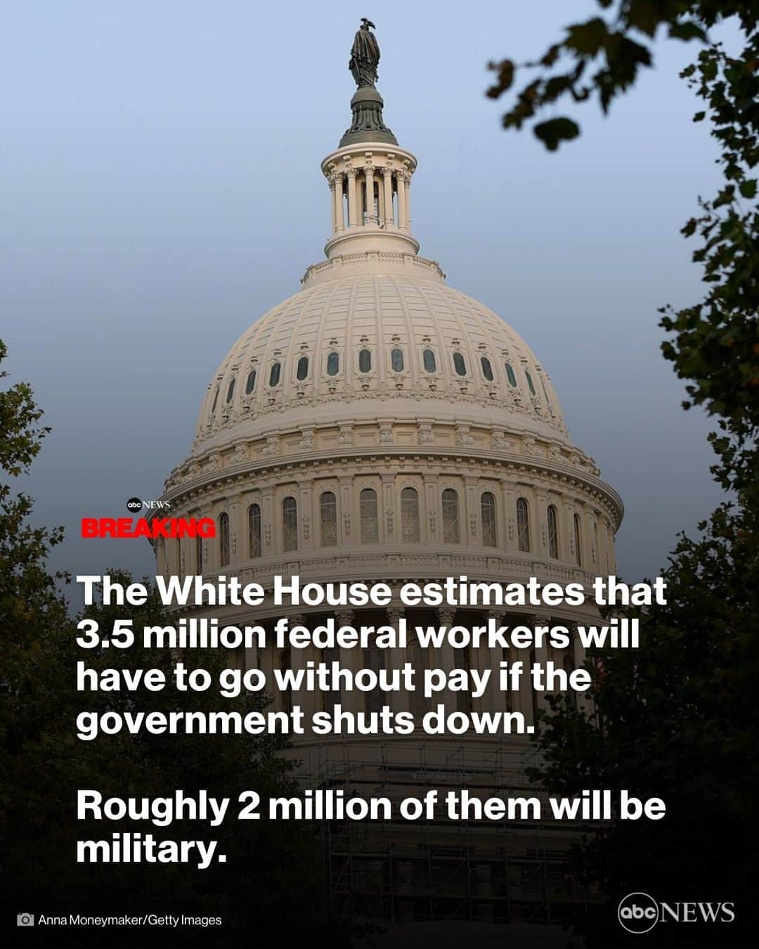 ABC Newsのインスタグラム：「BREAKING: The White House estimates that 3.5 million federal workers will have to go without pay if the government shuts down. Roughly 2 million of them will be military. MORE AT LINK IN BIO.」