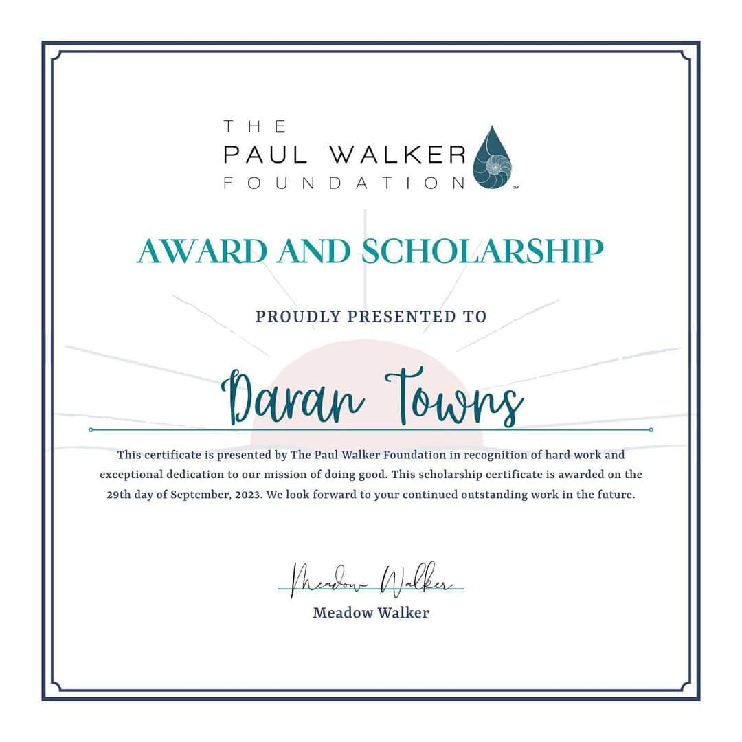 ポール・ウォーカーさんのインスタグラム写真 - (ポール・ウォーカーInstagram)「@PaulWalkerFdn is proud to announce Daran Towns as the 2023 Paul Walker Foundation Award and Scholarship recipient!  This scholarship is in recognition of her hard work and exceptional dedication to the mission of doing good. As a volunteer at the @MontereyBayAquarium and the Aquarium of the Pacific, Daran has contributed to her community by supporting marine life and educating her friends and family about the importance of ocean conservation. 💙  "Growing up in the valley made me realize that there are so many people out there with no ocean education and I want to help bridge the gap, starting with my own community! I can’t wait to further the foundation's mission of education and doing good in the world. I am so blessed, honored, and overjoyed to receive the 2023 Paul Walker Foundation Award and Scholarship." – Daran Towns   Visit paulwalkerfoundation.org to learn more.   #DoGood #TeamPW」9月30日 2時31分 - paulwalker