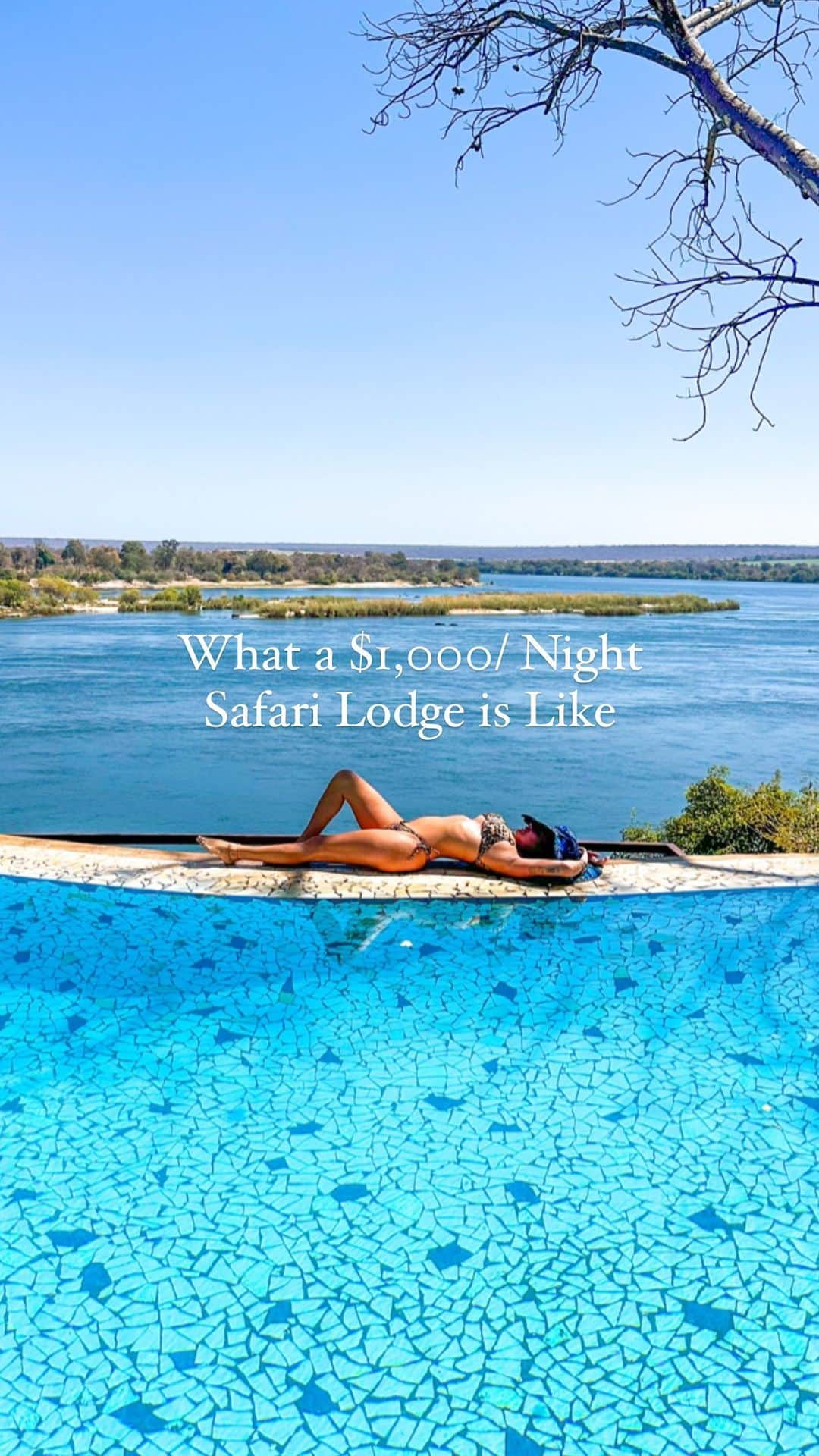 アリサ・ラモスのインスタグラム：「When I’m not aggressively country hopping or partaking in extreme adventure activities, sometimes I get to just chill out at super fancy places like @theriverclubzambia !  This is one of the most well-known luxury safari lodges in Zambia, and I am beyond grateful that they wanted to collaborate with me, because I needed this stay to rejuvenate and re-energize!   Their chalets are some of the biggest I’ve seen, especially since there’s a downstairs with epic bathroom!   I also loved the evening sunset cruises with unlimited wine and crocodile sightings!  If you’re planning a luxury trip to Zambia, definitely check them out! I have more information about them as well as my entire Zambia itinerary up on my blog, link in bio!  Would you want to stay here??  #theriverclub #zambia #livingstone #safarilodge #luxurytravel #luxuryhotel #mylifesatravelmovie #solotravel #solofemaletravel」