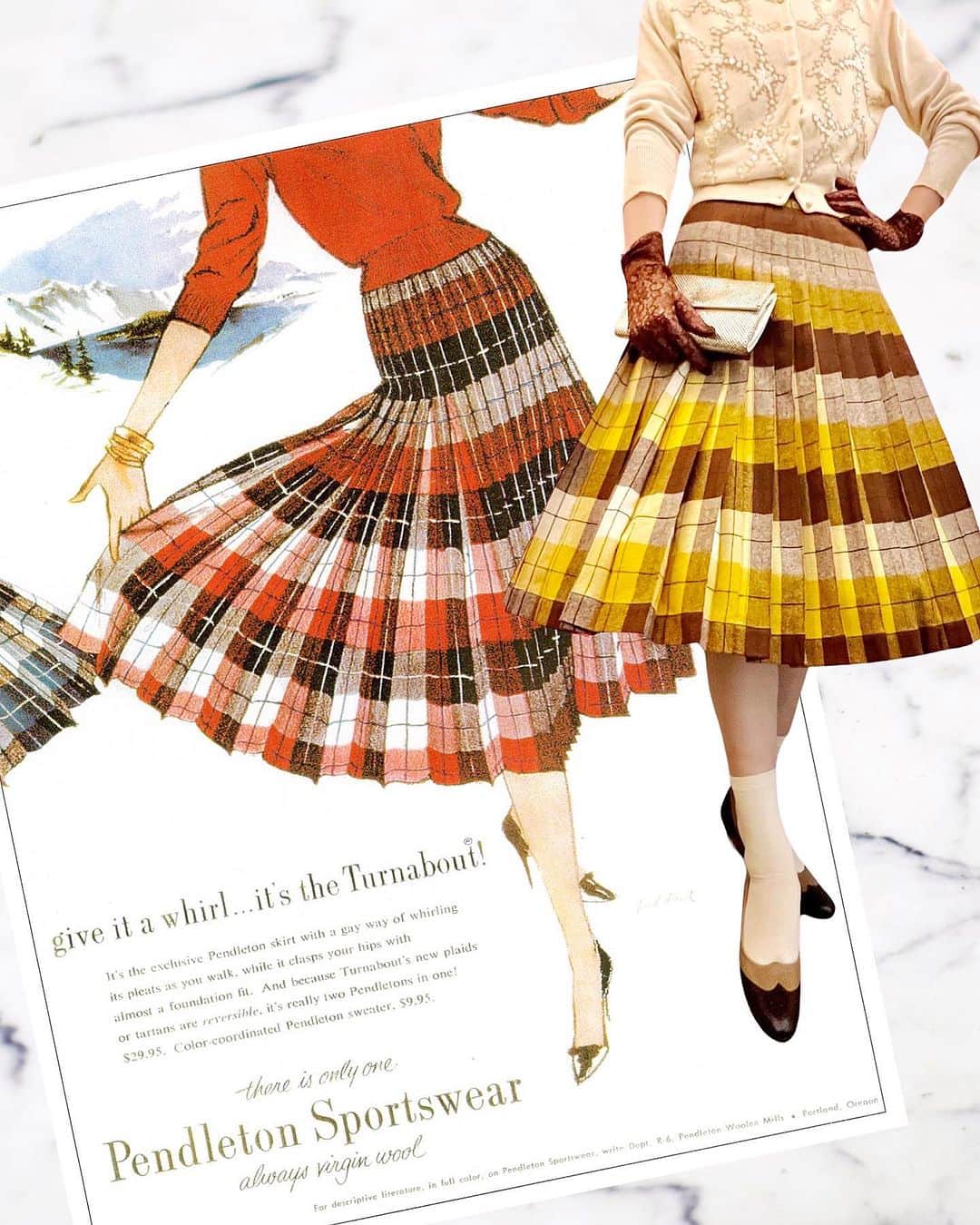 NUTTY Vintage&Collectibleのインスタグラム：「🌝Weekend special🌝堀江本店  ▫︎50s "PENDLETON" pleats skirt：new!  上質で重量感のあるウールが特徴のアメリカの老舗ブランドPENDLETNONのヴィンテージプリーツスカートをメインに2つのコーディネートをご紹介。  BROWN×MUSTARDのチェックがあたたかみのあるたっぷりプリーツのこちらのスカートはなんとリバーシブル。　　  同じ配色でありながらプリーツの重なりが反転する事で印象がガラリと変わる優れもの。  もちろんファスナーも裾始末もリバーシブル仕様です。  styling sally  ┈┈┈┈┈┈┈┈┈┈┈┈┈┈┈┈┈ 【NUTTY通販について】 ⚫︎SNS掲載商品は通販可能です。お気軽にDMにてお問い合わせ下さい。 ⚫︎＜ONLINE STORE＞http://nutty.theshop.jp/ （プロフィールページURLよりアクセス出来ます） ┈┈┈┈┈┈┈┈┈┈┈┈┈┈┈┈┈  #nuttyvintage#vintage #vintagefashion#南堀江#古着#1940s#1950s#1960s#1970s #1980s #80s #ヴィンテージ#1940sfashion#1940sstyle #1960sfashion#1960sblouse #vintagePaisley #vintagebamboobag#costumejewelry#collectivejewelry#earlyplastic#vintagehat#ootd #vintageootd #vintagecardigan #vintagesweater #pendleton」