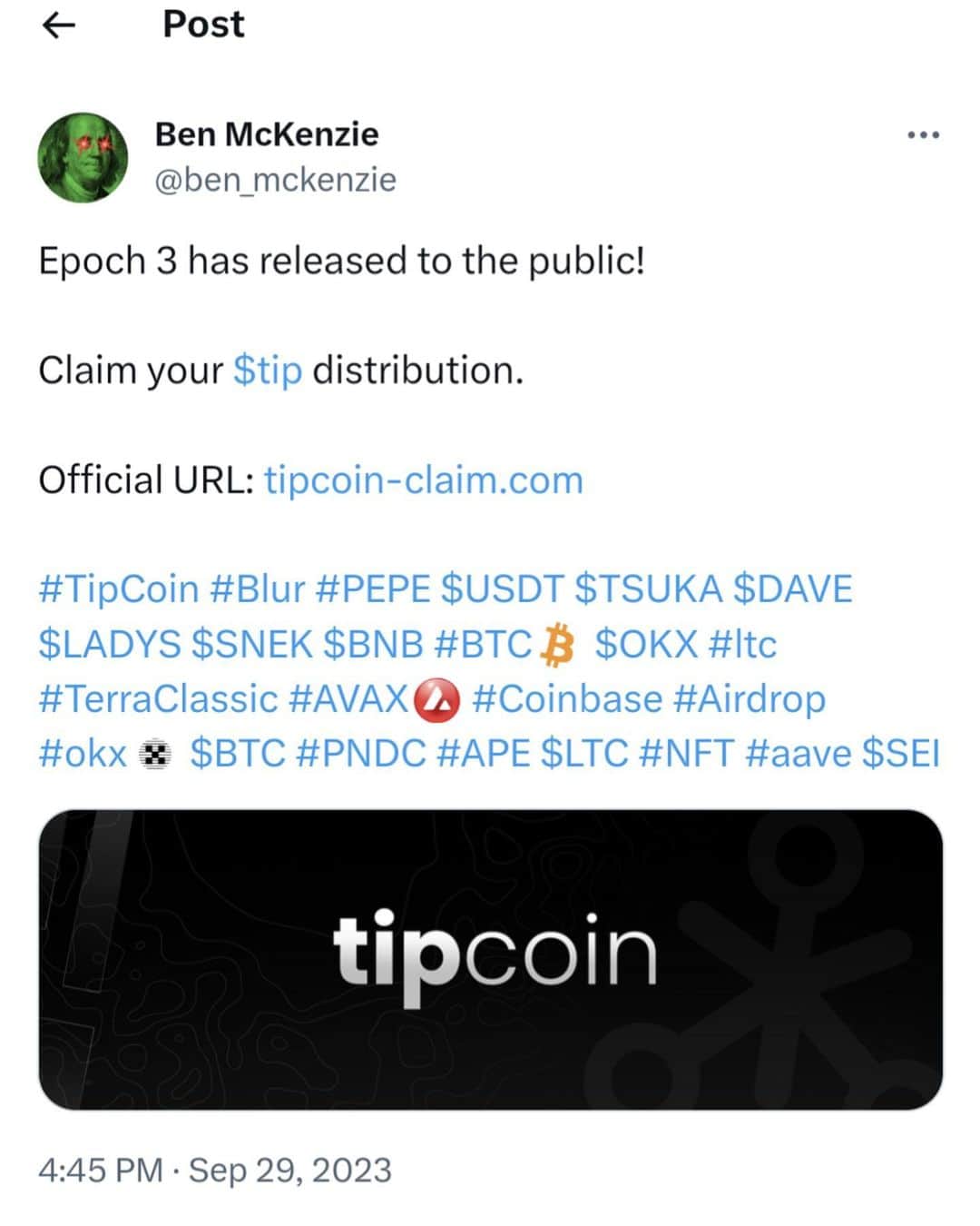 ベンジャミン・マッケンジーのインスタグラム：「My X (Twitter) account got hacked and is posting…crypto scams 😂😂😂」
