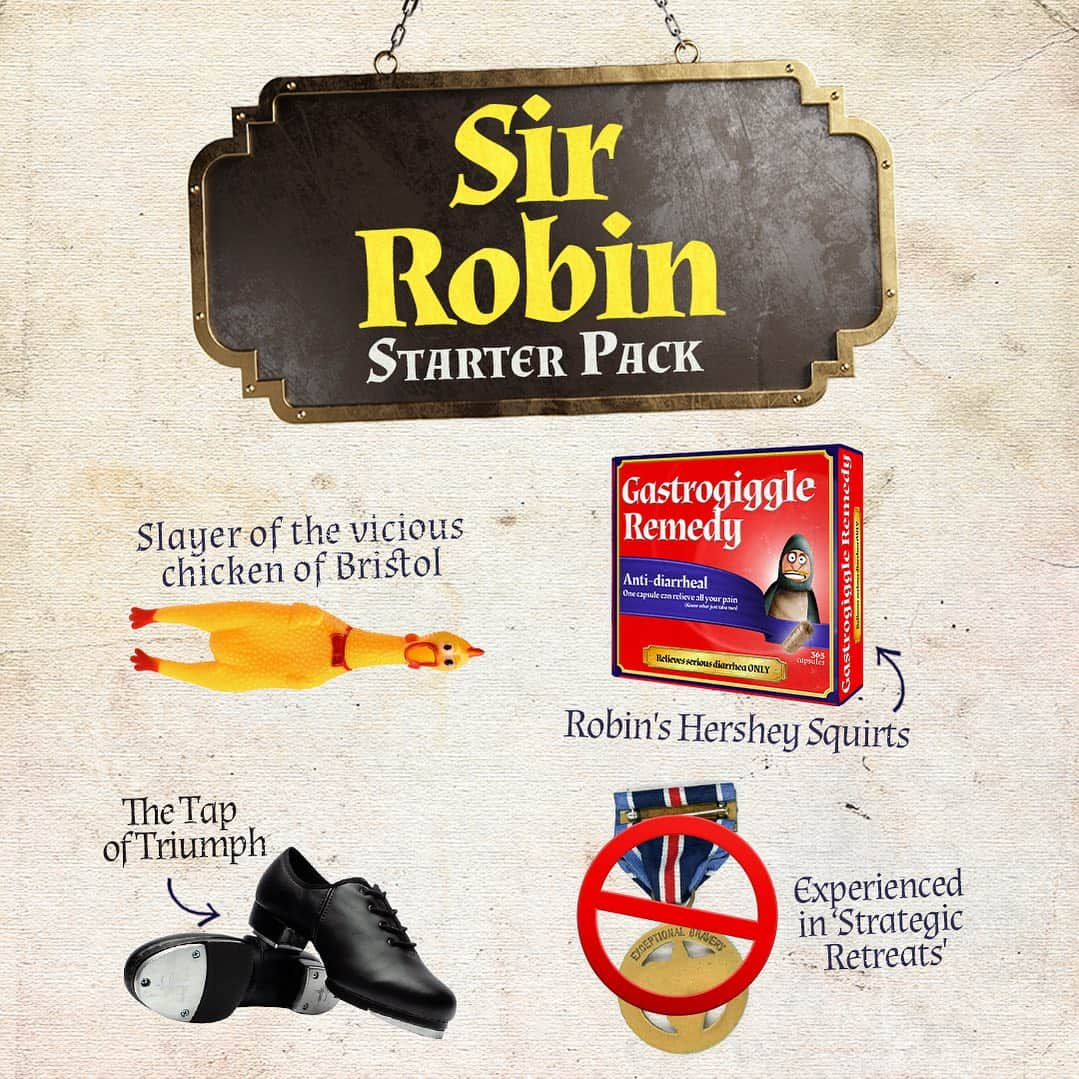 マイケル・ユーリーのインスタグラム：「Be as brave as the (not-so-brave) Sir Robin with this #SpamalotStarterPack!  #SpamalotBway #Broadway #musical #FindYourGrail #Ni #theater #NYC #sirrobin」