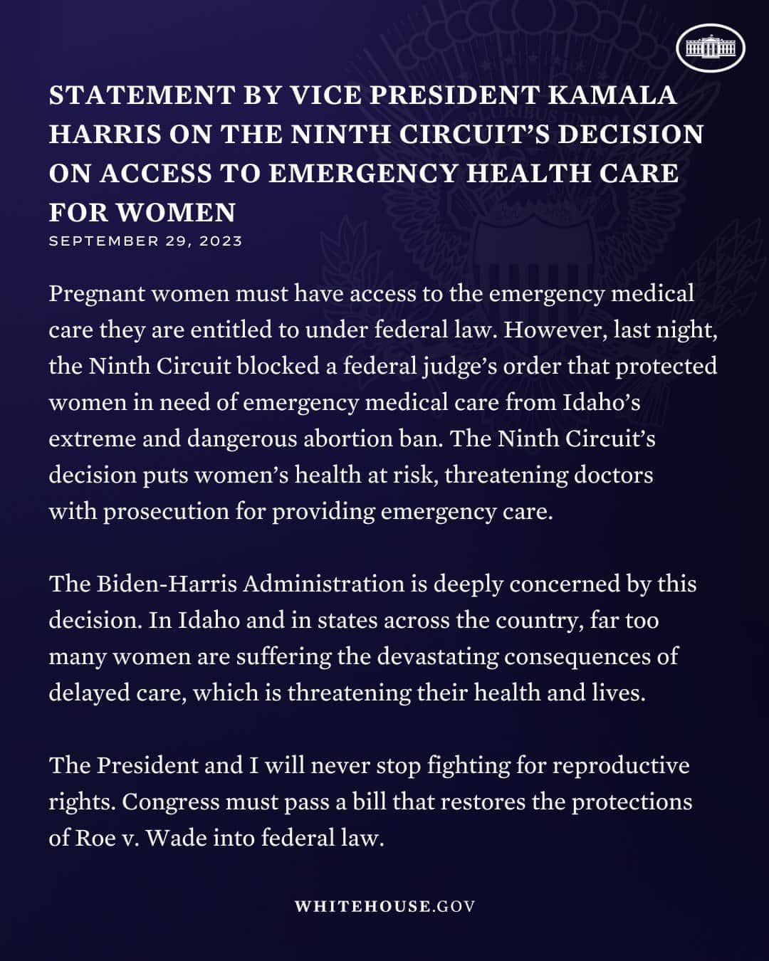 ジョー・バイデンのインスタグラム：「Last night's decision from the Ninth Circuit puts women's health at risk. @POTUS and I will never stop fighting for reproductive rights.  Read my full statement on the Ninth Circuit's ruling.」