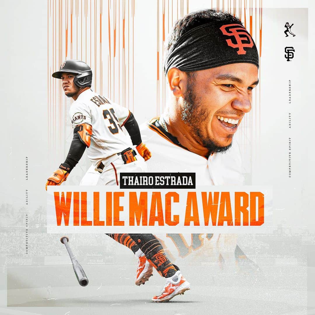 のインスタグラム：「To recognize his individual achievements as well as his competitive leadership and spirit on and off the field, Thairo Estrada has been voted as the winner of the 2023 Willie Mac Award 🏆」