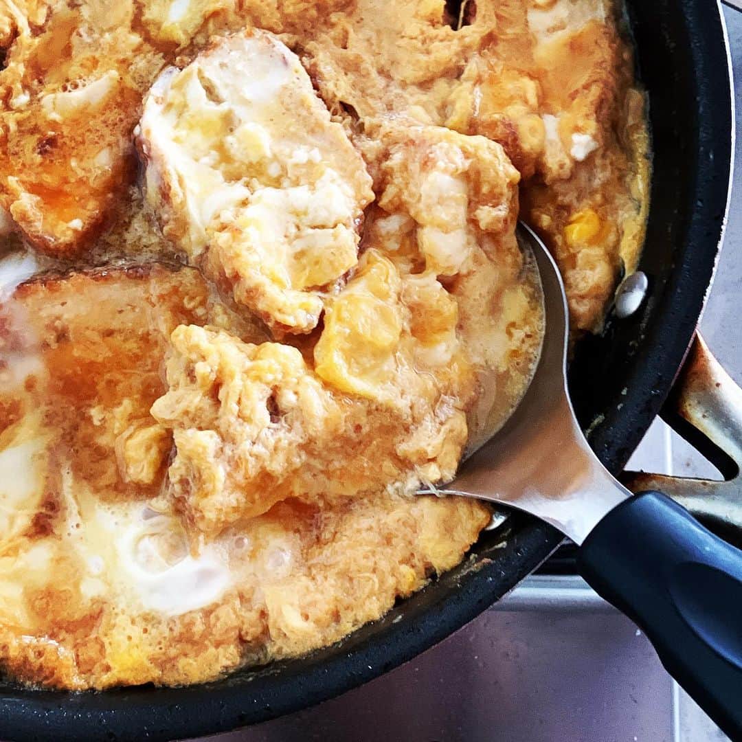 志摩有子さんのインスタグラム写真 - (志摩有子Instagram)「お豆腐に鶏ひき肉を挟んで揚げて卵とじに。 ちょい甘辛味澤に仕上げる。カツ丼風にご飯と食べるのが最高。  #豆腐カツ煮 #ゆるロカボ」9月30日 12時54分 - ariko418