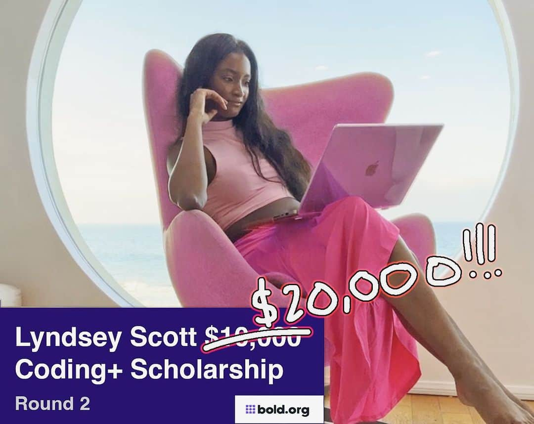 リンジー・スコットのインスタグラム：「Amazing news!! Thanks to @sarajchipps and @iano666, 2 multi-faceted (and generous!) coders, what was once my $10,000 coding scholarship now has $20,000 worth of scholarship money that will go towards adding diversity of thought, experience and perspective to the tech industry! 😭🙏🏾❤️ To be considered, visit bold.org — link in bio . .⁣ .⁣ .⁣ .⁣ #scholarship #coding #college #diversity #diversityintech #education #entrepreneurship #highschool #inclusion #inclusionmatters #innovation #scholarshipmoney #scholarshipopportunities #scholarships #scholarshipscorner #student #students #university #diversityinstem」