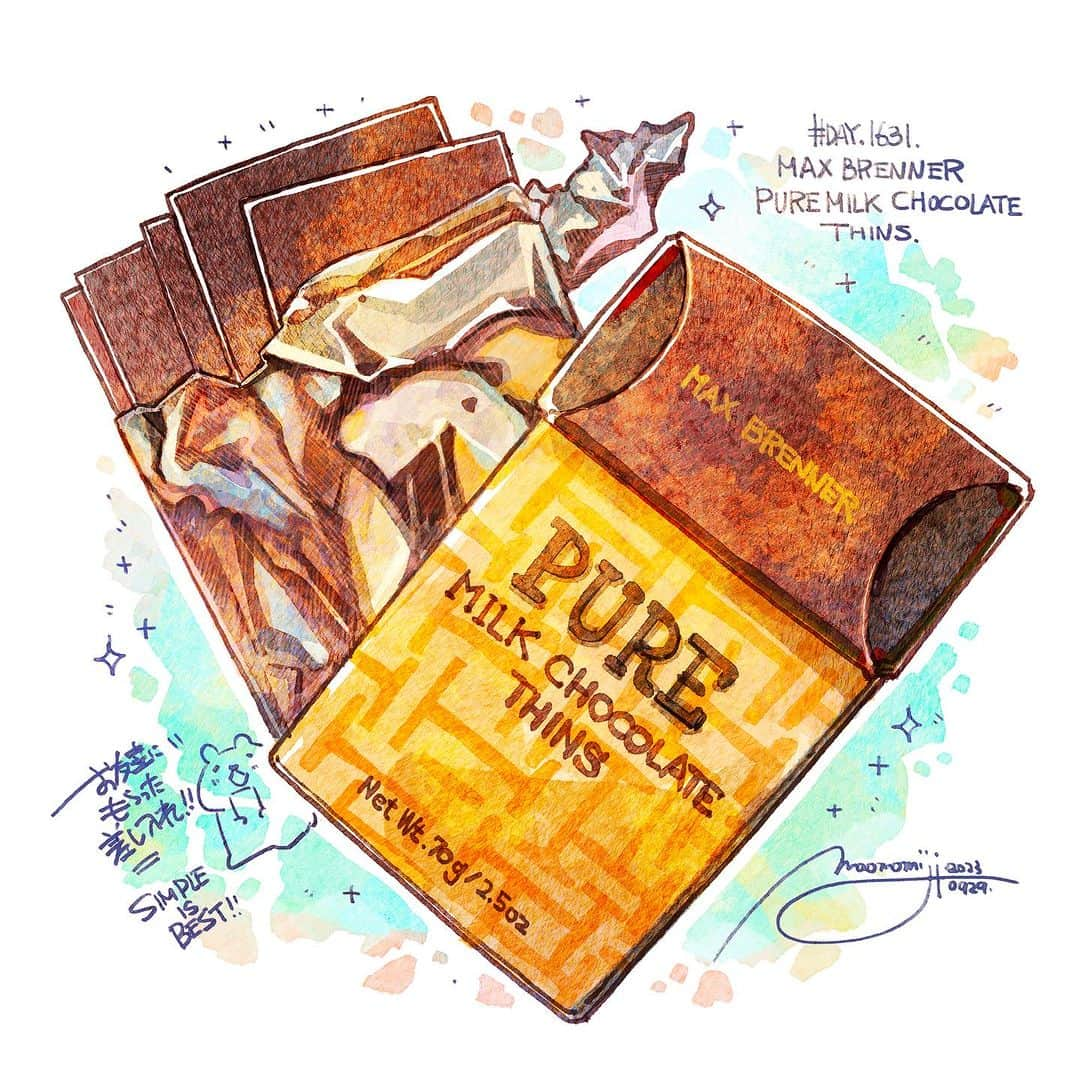 もみじ真魚のインスタグラム：「『#1631/「MAX BRENNER PUREMILK CHOCOLATE THINS」』  もみじ真魚/MaoMomiji 2023年9月30日 01:24  SIMPLE IS BEST!" Today was a stay-at-home day since New York was flooded. We rested well and enjoyed tea and food at leisure. I was extremely disappointed because I had plans to go out, but I was able to review my solo exhibition, so it's all right! I hope it will be sunny tomorrow.  「SIMPLE IS BEST!!」 今日はニューヨークが大洪水だったので、お家で引きこもりDAYでした。しっかり休んで、ゆっくりお茶やごはんを堪能しました。本当はお出かけの予定があったので、至極残念でしたが、個展のことの振り返りも出来たらから、まあよし！明日は晴れるといいなあ。  #日刊ごはんが好き #foodie #foodieart #dailyilovefood  #毎日更新 #foodillustration #fooddrawing #もみじ真魚 #maomomiji #飯テロ #美食 #maxbrenner #chocolate」