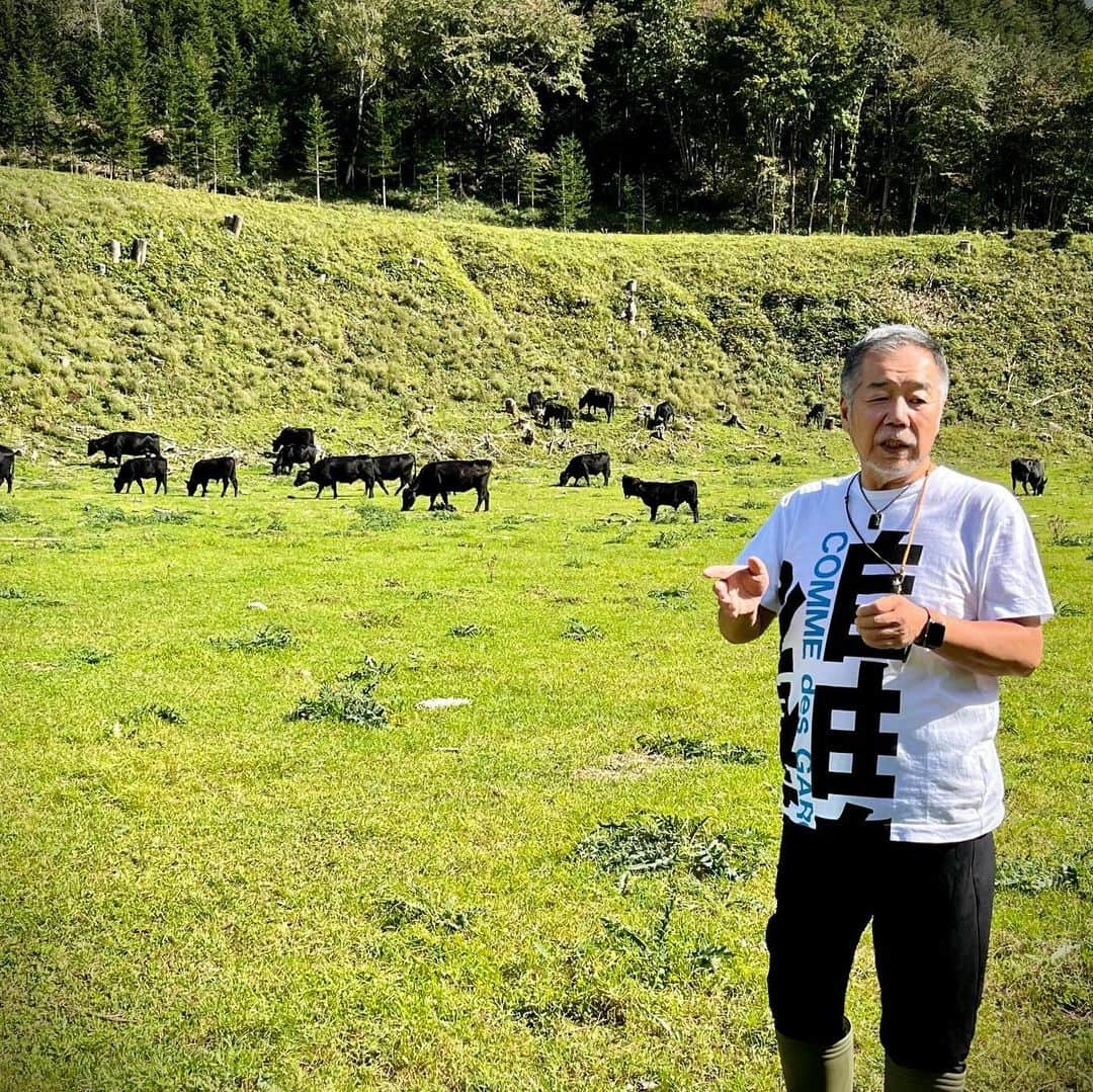 田辺晋太郎さんのインスタグラム写真 - (田辺晋太郎Instagram)「【究極の赤身肉『ジビーフ』の故郷、北海道帯広 様似の駒谷牧場をサカエヤ新保さんと巡る旅】  先日西小山のcaillouで #サカエヤ の #新保吉伸 さんや我らが巨匠 #松浦達也 さんらとご飯をご一緒しているときに「#ジビーフ の牧場、見に行ってみませんか？」という話になり同席していた友人や #caillou の安達シェフともこれは是非行きましょう！！と言うことで、今回松浦さんにコーディネーション頂き『新保さんといく北海道ツアー』が敢行されました！  ジビーフとは、#北海道 様似郡にある #駒谷牧場 で西川奈緒子さんがたった一人で育てている #ブラックアンガス 牛のこと。 200ヘクタールの山林で、通年放牧で育だ牛たちは、自然交配で子を産み母乳で育て、親子で連れ添いながら小川の水を飲む姿はまさしく野生の牛。この完全放牧野生牛が、ジビエのようなビーフという意味で「ジビーフ」と呼ばれています。究極の野生赤身肉のジビーフは日本で数少ないオーガニック認定を受けた牛肉です。  という事でその駒谷牧場にお邪魔しまして、ジビーフが放牧されている山林にいったらもう、こんな素晴らしい環境があるのかと大驚き！  澄んだ風が吹き抜け牧草は生い茂り、それを自由に牛たちが親子連れで食べている最高の景色。  中に一頭だけ種牛の十兵衛師匠が威風堂々と君臨され、そこにいる何十頭の父である威厳に満ちた姿は男としても思わず崇め奉りたくなりました。  牧場を見たあとはバーベキュー！  究極の赤身肉であるジビーフのカイノミを生産者のお宅にて、ジビーフの手当をされてる新保さん、caillouの安達シェフとでまたたく間にカットしていきます。  バーベキュースタート！あ、しまった！焼肉のタレを用意してなかったとの事で、急遽僕が生産者さんのご自宅にある材料でジビーフ用に焼肉のタレを調合してみたところ見事にハマって #肉マイスター の面目躍如となりました！たぶん（笑）  20年以上ぶりの北海道、ホントに気持ちよくて大満喫しております。  このあと夜は帯広市内の最高のフレンチへ。  続く。」9月30日 15時42分 - meat_meister_tanabe_shintaro