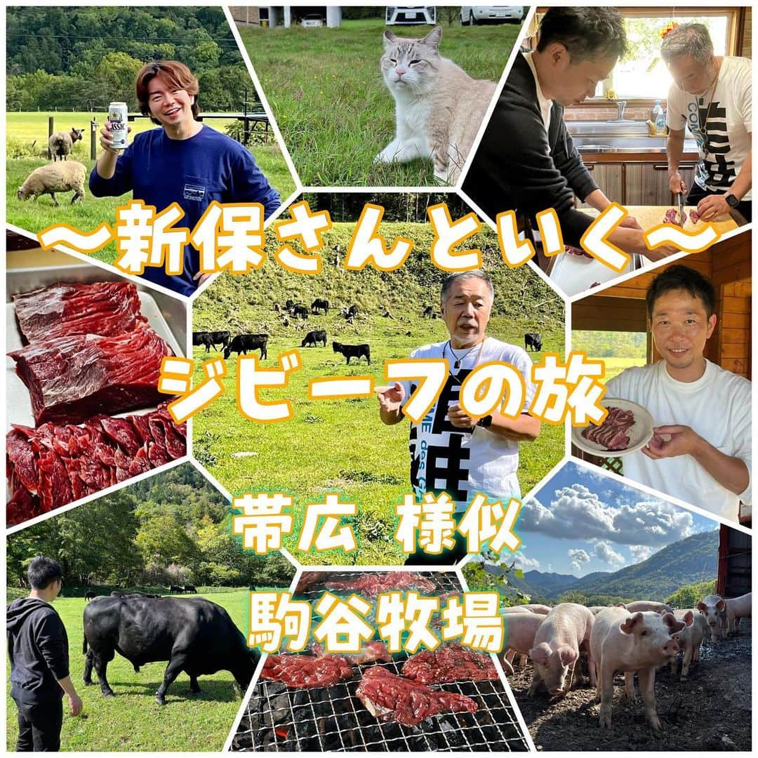 田辺晋太郎のインスタグラム：「【究極の赤身肉『ジビーフ』の故郷、北海道帯広 様似の駒谷牧場をサカエヤ新保さんと巡る旅】  先日西小山のcaillouで #サカエヤ の #新保吉伸 さんや我らが巨匠 #松浦達也 さんらとご飯をご一緒しているときに「#ジビーフ の牧場、見に行ってみませんか？」という話になり同席していた友人や #caillou の安達シェフともこれは是非行きましょう！！と言うことで、今回松浦さんにコーディネーション頂き『新保さんといく北海道ツアー』が敢行されました！  ジビーフとは、#北海道 様似郡にある #駒谷牧場 で西川奈緒子さんがたった一人で育てている #ブラックアンガス 牛のこと。 200ヘクタールの山林で、通年放牧で育だ牛たちは、自然交配で子を産み母乳で育て、親子で連れ添いながら小川の水を飲む姿はまさしく野生の牛。この完全放牧野生牛が、ジビエのようなビーフという意味で「ジビーフ」と呼ばれています。究極の野生赤身肉のジビーフは日本で数少ないオーガニック認定を受けた牛肉です。  という事でその駒谷牧場にお邪魔しまして、ジビーフが放牧されている山林にいったらもう、こんな素晴らしい環境があるのかと大驚き！  澄んだ風が吹き抜け牧草は生い茂り、それを自由に牛たちが親子連れで食べている最高の景色。  中に一頭だけ種牛の十兵衛師匠が威風堂々と君臨され、そこにいる何十頭の父である威厳に満ちた姿は男としても思わず崇め奉りたくなりました。  牧場を見たあとはバーベキュー！  究極の赤身肉であるジビーフのカイノミを生産者のお宅にて、ジビーフの手当をされてる新保さん、caillouの安達シェフとでまたたく間にカットしていきます。  バーベキュースタート！あ、しまった！焼肉のタレを用意してなかったとの事で、急遽僕が生産者さんのご自宅にある材料でジビーフ用に焼肉のタレを調合してみたところ見事にハマって #肉マイスター の面目躍如となりました！たぶん（笑）  20年以上ぶりの北海道、ホントに気持ちよくて大満喫しております。  このあと夜は帯広市内の最高のフレンチへ。  続く。」