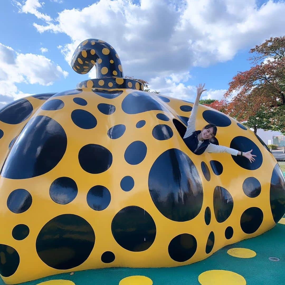 小板奈央美のインスタグラム：「. 🍎#十和田市現代美術館アート広場 🍎 実は、旅行行った日、月曜日で#十和田市現代美術館 が休館日w それを行きの飛行機で知ったんだけど… 周りの広場だけで、死ぬ程楽しめました✨ ・ 草間彌生さんの作品もこんなにも沢山！ そして、個人的には、4.5枚めの作品が好き！ 「ファットハウス」「ファットカー」…確かに😂 ・ というか、青森県の十和田市のこの近辺は、街にアートが広がっていて(めちゃくちゃ新そうな区の施設に、噴水空間もあったり)とても斬新だった❗️ ・ いつか美術館も行ってみたい笑 ・ #コイタちゃん #青森 #旅行 #travel」