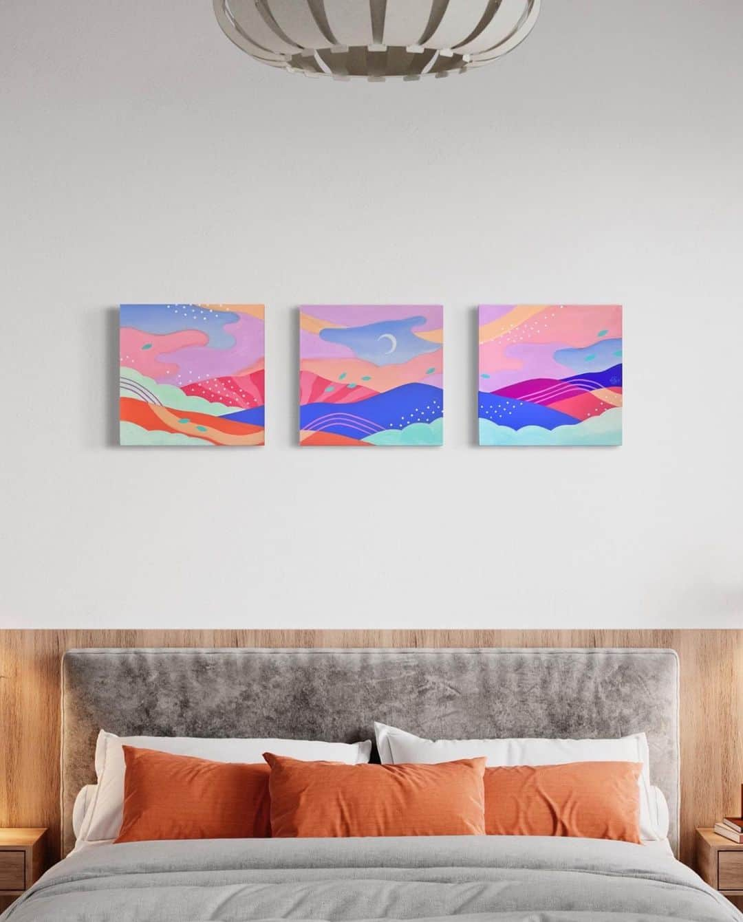 フランセス・スィーヒのインスタグラム：「Finished 🌙✨ what shall I call this piece? 🤔💭   #triptych #magichour #goldenhour #sunset #mountainscape #skyscape #dreamscape #mindscape #colorful #painting #paintingoncanvas #acryliconcanvas #acrylicpainting #acrylicpaint #frankiecihi #smartistapp」