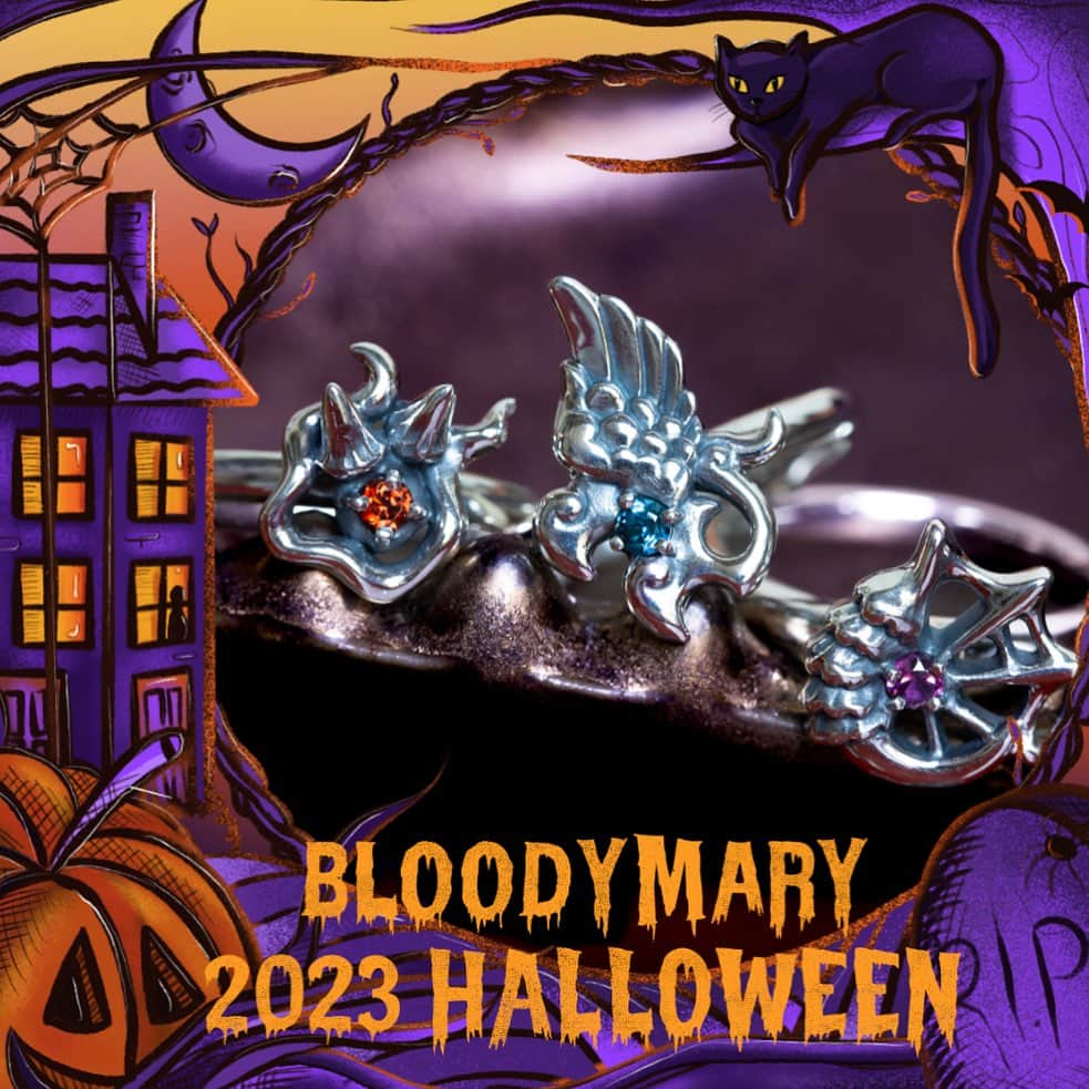 ブラッディマリーのインスタグラム：「Bloody Mary 2023 Halloween – KAI –  ⁡ Ring set : KAI - Kumo・Oni・Tengu  (limited edition production color) ¥50,000+tax ⁡  Kumo w/Rhodolite Garnet Oni w/Orange Sapphire Tengu w/London  Blue Topaz  ※限定カラーは2023年10月31日(火)までの期間限定発売です。  ・ ハロウィンに集う妖怪たちの、賑やかな声が聞こえてくるようです…  【ストーリー】 極彩色で彩られた 上品なのに、いやらしく 艶っぽいのに、愛らしい 和でもなく、洋でもない 古くて、新しい  不思議な妖しいものたち…  ・ 【STORY】 A world of rich colors...  Even though it is elegant with rich colors, it is disgusting...  Glossy yet lovely... Neither Japanese nor Western...  Old, new, strange and suspicious things...  ​・ 【故事】 一個色彩斑斕的世界……  雖然色彩豐富並端莊優雅，但是卻有些令人不快……  富有成熟的豔麗，卻討喜可愛... 既不屬於和風，也非西洋...  充滿舊的、新的、不可思議而怪異的生物們...... ーーーーーーーーーーーーーーーーーーー #bloodymaryjewelry #bloodymary #jewelry #silver #fashion #jewelryporn #jewelrydesign #jewelrygram #accessory #accessories #silverjewelry #ブラッディマリー #シルバーアクセサリー#fashionjewelry  #シルバー #アクセサリー#japanmade#血腥瑪麗#血腥瑪麗珠寶#血腥瑪麗銀飾#銀飾#天然石#飾品#珠寶#日本品」