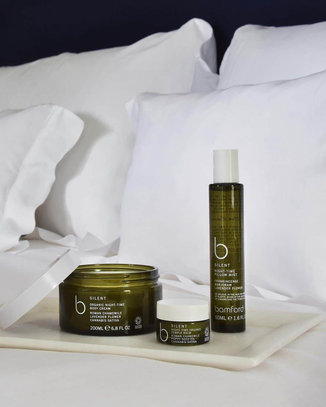 バンフォードのインスタグラム：「As the clocks have gone back and we enjoy an extra hour in bed this morning, we're sharing our B Silent collection, designed to support the adjustment to help you sleep soundly.   Sleep is one of the essential pillars of wellness. Taking time to be silent, simply disconnecting from the world and technology, allows our mind and body rejuvenating rest. Our B Silent Collection can aid you in getting the rest you need – Tap to shop 💚  #bamford #wellness #sleepwellness #pillowmist」