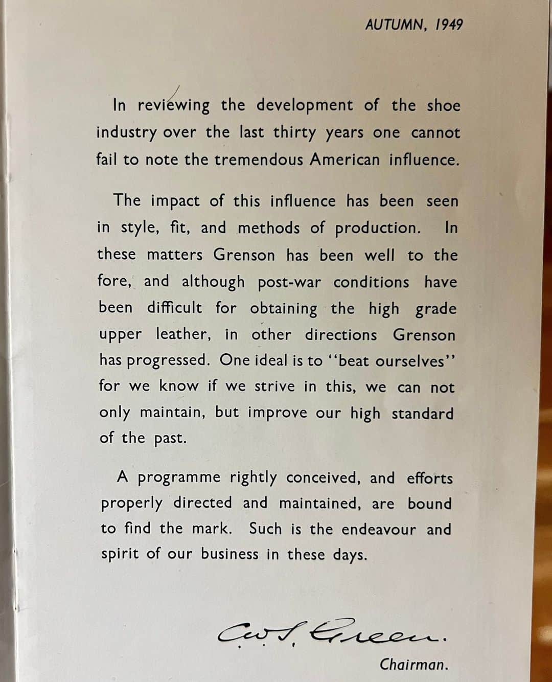 のインスタグラム：「Message inside the 1949 Grenson catalogue from Sidney Green, William's (the founder of Grenson) grandson and the 3rd generation of the Green family in the Grenson business.⁠ ⁠」