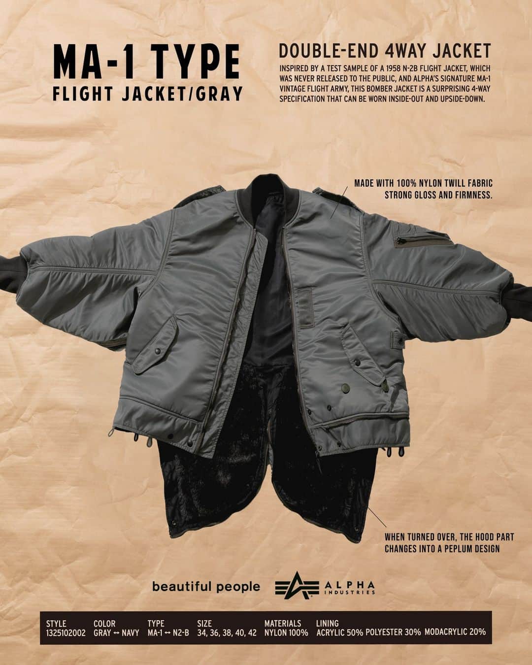 Alpha×beautiful people n2b ma-1 4way ビューティフルピープル