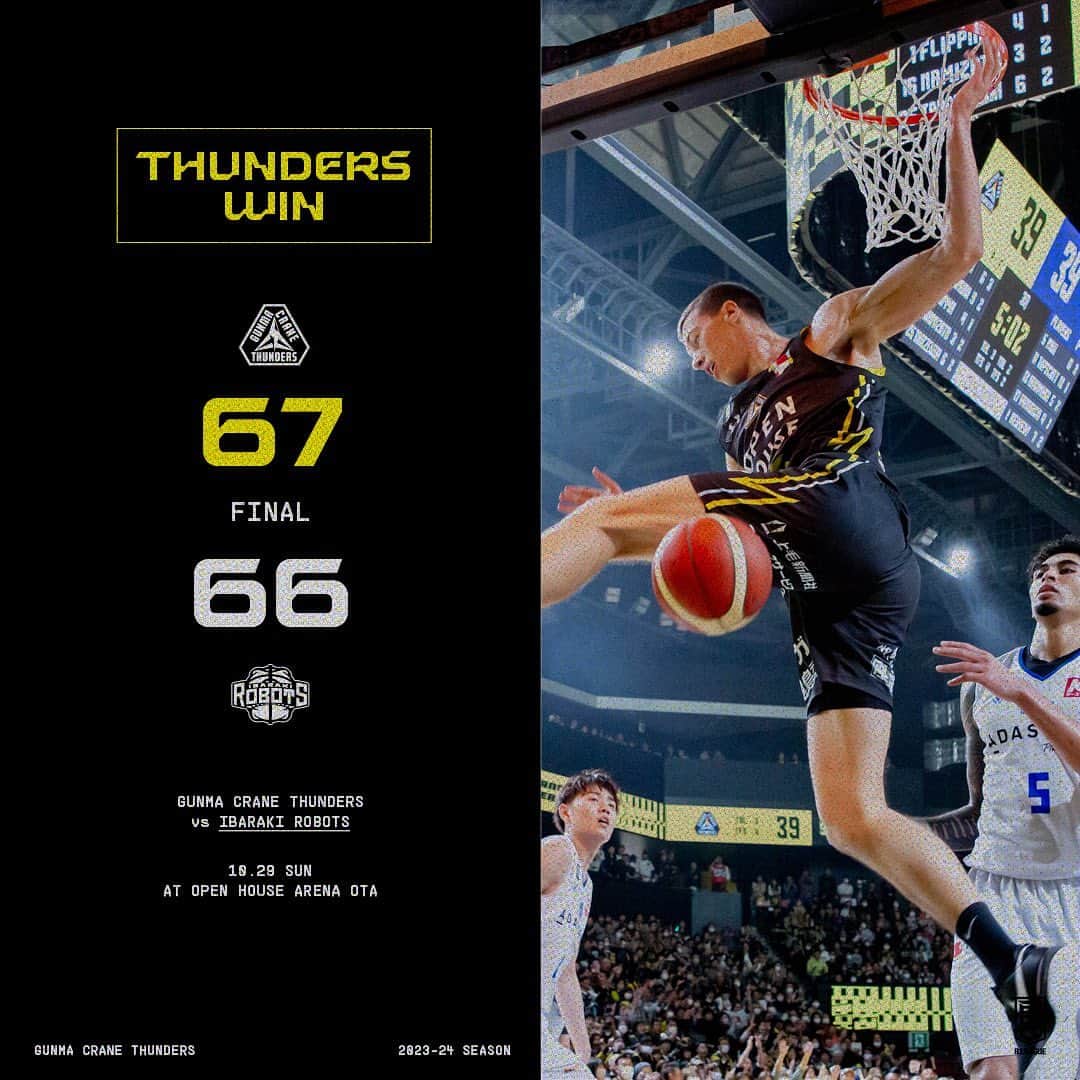 群馬クレインサンダーズのインスタグラム：「【4Q END】 67点 #群馬クレインサンダーズ 66点 #茨城ロボッツ    見事！接戦を制し #オプアリ 4連勝🔥🔥 2日間ありがとうございました⚡️ 来週、名古屋D戦も連勝するぞ👊  #バスケットLIVE で配信📡 is.gd/CEpvO6  #群馬クレインサンダーズ🆚#茨城ロボッツ #Bリーグ #BEBOLD」