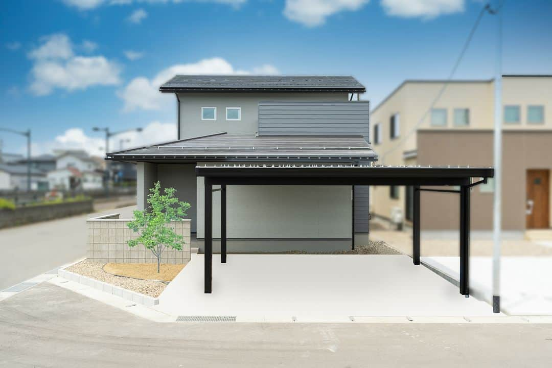 エーシン 福井 工務店 新築 注文住宅のインスタグラム：「一部ガルバリウム鋼板を使用し、 素材感の違いを愉しめるおしゃれな外観に仕上げました。  ------------------------------------------ その他の実例はこちら☞( @eshin_fukui ) ------------------------------------------  #福井 #福井工務店 #エーシンホーム #エーシン #土地探し #マイホーム #新築 #注文住宅 #福井家づくり #福井県 #福井市 #鯖江市 #越前市 #大野市 #勝山市 #敦賀市 #あわら市 #坂井市 #おしゃれな外観 #外壁 #ガルバリウム鋼板 #外観」