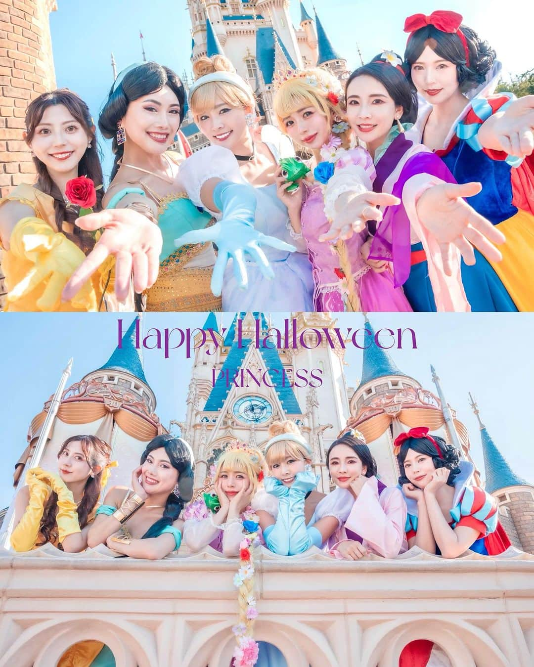 エリンコのインスタグラム：「👸🏰🌈 . 最強メンバーでディズニープリンセス仮装でDハロ🩷 . 皆クオリティ高すぎて可愛いすぎる🥹💕 . 夜遅くまで楽しんだ🥳 今回はカメラマンさんもずっと一緒だったから かなりクオリティーの高い写真になって感動🥹 . 👸🌈🎀 . 🌹ベル @kan6v6  🫖ジャスミン @meeeeetamm 🦎ラプンツェル @erinko0315  💎シンデレラ @cindystory__  🪭ムーラン @ayani0625  🍎白雪姫 @srkwrio  . 📸 @hikarukunphoto @hirokipecora  . #dハロ仮装 #dハロ #ハロウィン #ディズニープリンセス #ディズニーコーデ #ディズニーランド #ディズニー写真部 #ハロウィン #ハロウィン仮装 #ディズニー仮装 #ディズニー仮装2023 #ハロウィン2023 #halloween #えりんこハロウィン #えりんこディズニー」